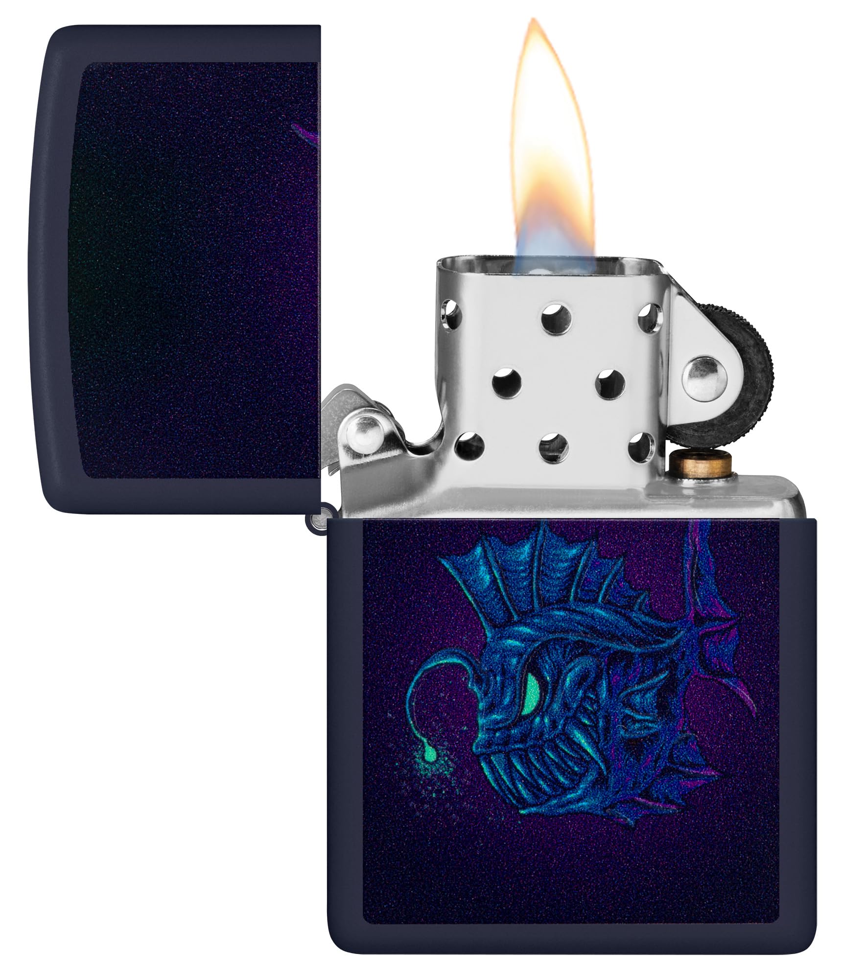 Zippo Sturmfeuerzeug Angler Fish Navy Matte Finish Black Light Effekt Nachfüllbar Windfest Made in USA
