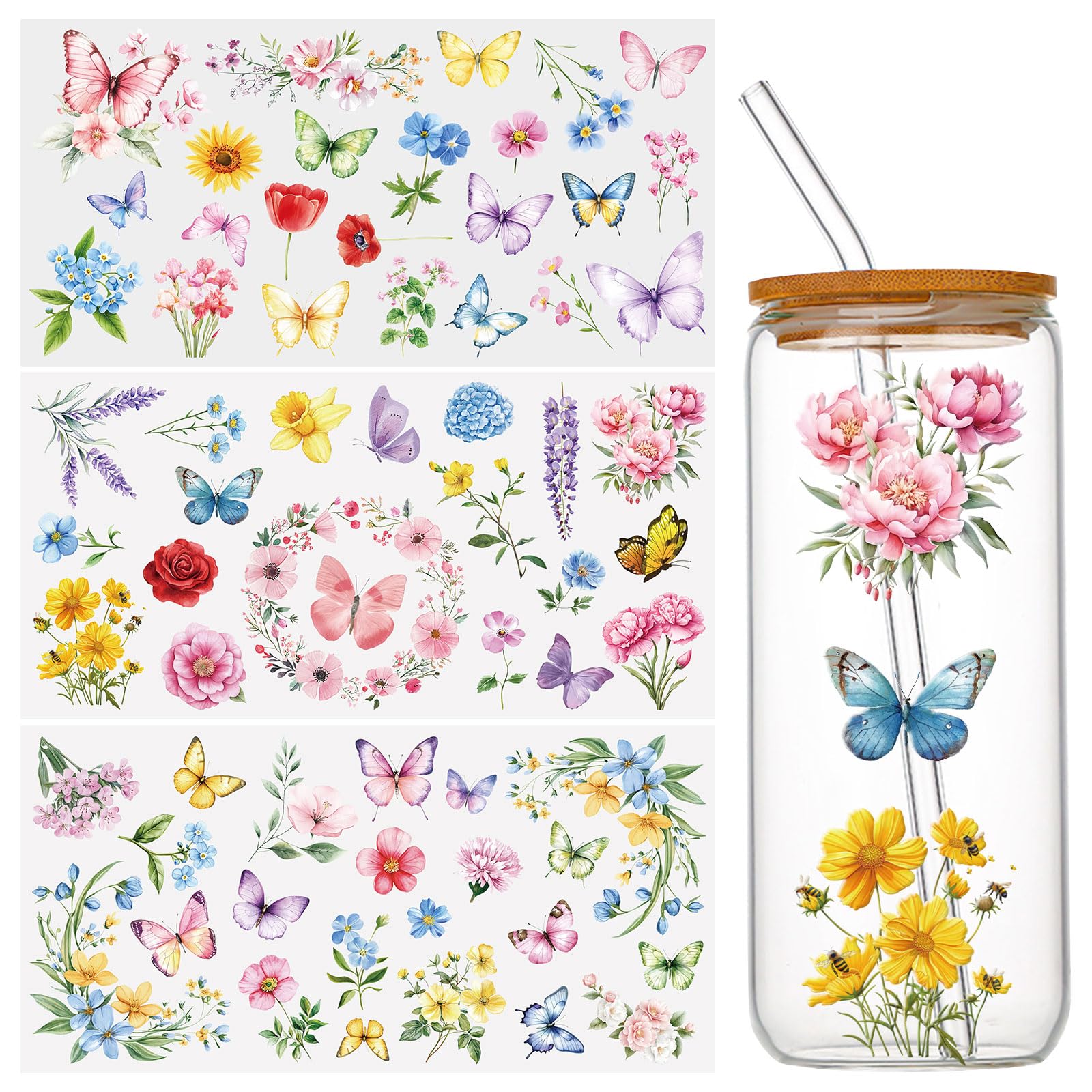 WANDIC 3 Sheets UV DTF Wraps Stickers,Wildflower Butterflies Cup Decals Furniture Stickers Waterproof Transfers Window Decals for Glass and DIY Crafts