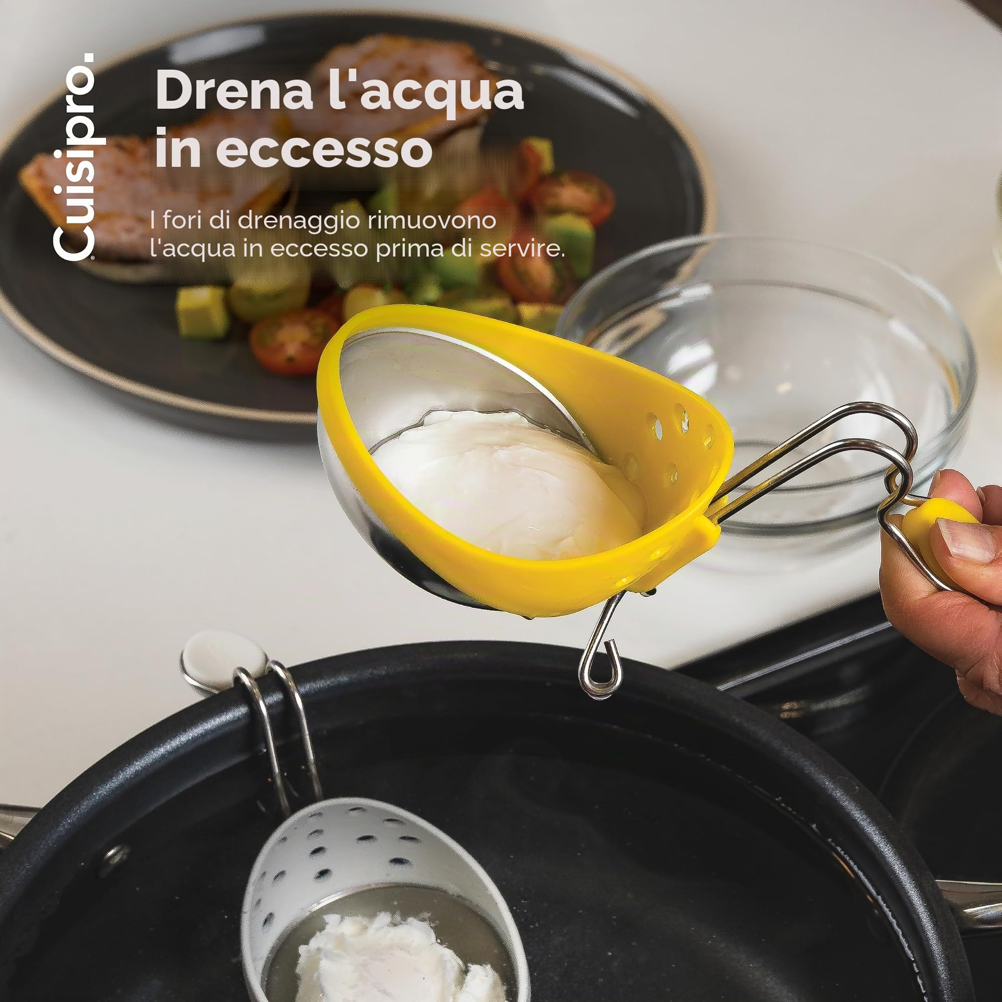 Cuisipro Set poach Pod 2 Pezzi con Gancio Regolabile, Acciaio Inox 18/10 e plastica Senza BPA, 14 x 7 x 10 cm, Giallo e Bianco, Accessorio per Uova in Camicia, perfette Ogni Mattina