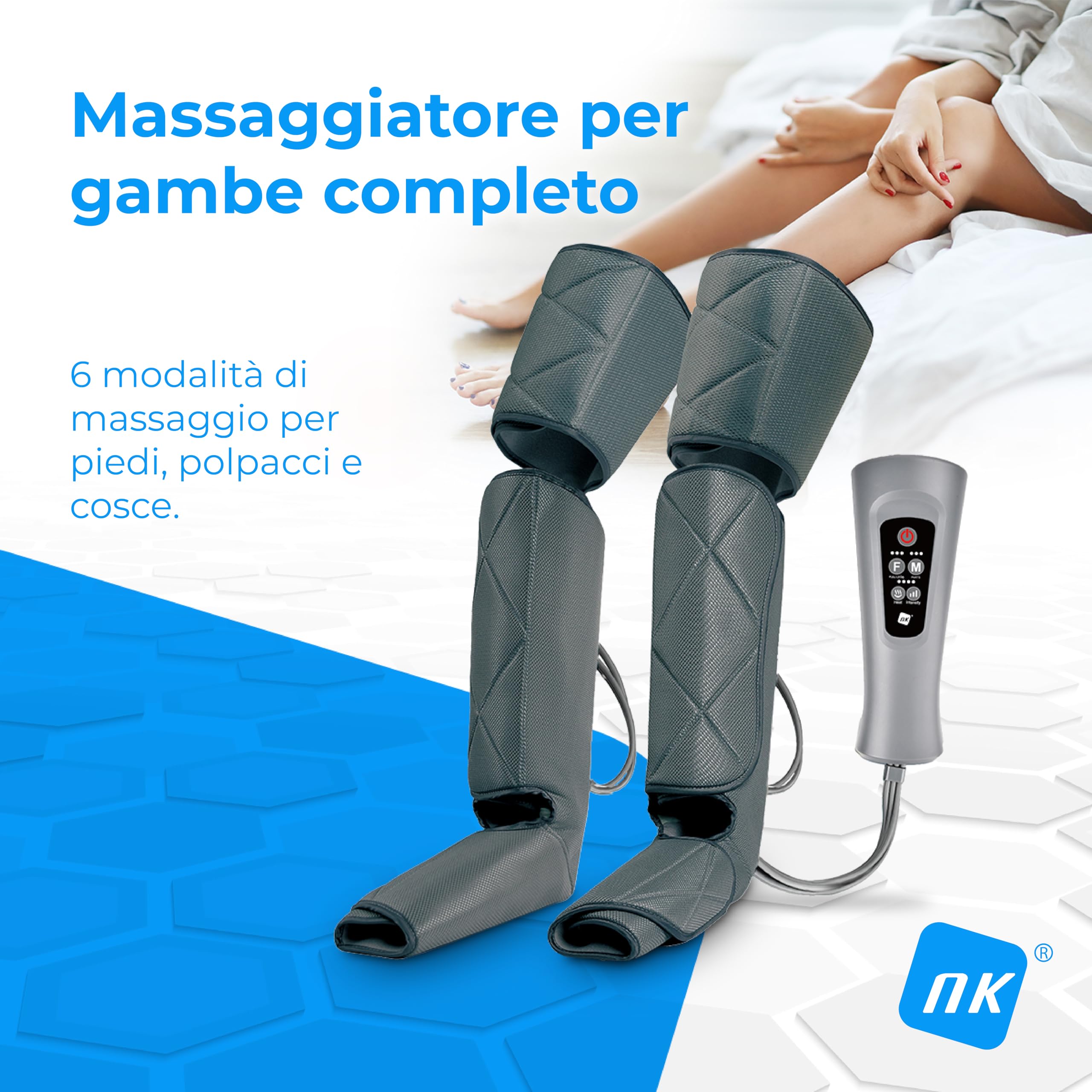 NK Massaggiatore per gambe, 6 modalità di massaggio complete e parziali, 3 livelli di intensità per ciascuna modalità, funzione di riscaldamento, compressione dell'aria per il rilassamento muscolare.