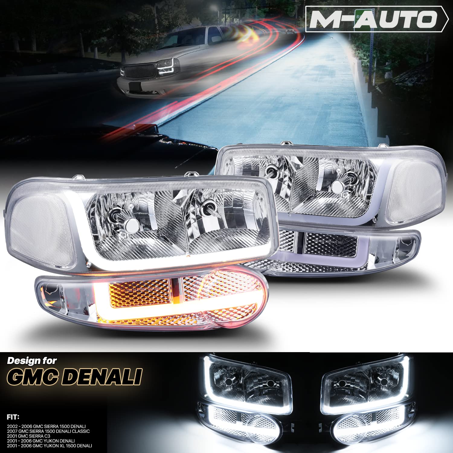 M-AUTO Chrome L&R Switchback LED Tube Headlight Assembly w/ 2 Pair Pre-assembled 6000K LED Bulbs Compatible with 01 GMC Sierra C3, 02-06 Sierra 1500 Denali, 01-06 Yukon Denali/Yukon Xl 1500 Denali
