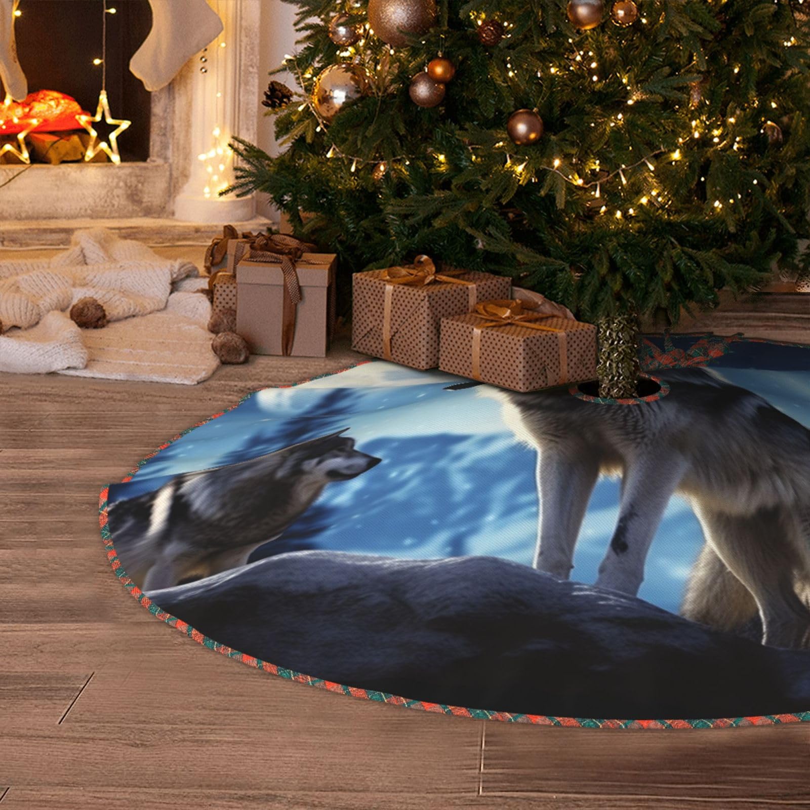 Wolfs Christmas Tree Skirt 48" Artificial Tree Mat Cover Merry Christmas Burlap Xmas Tree Skirt for Christmas Decoration Holiday Indoor Outdoor Winter Party Decor