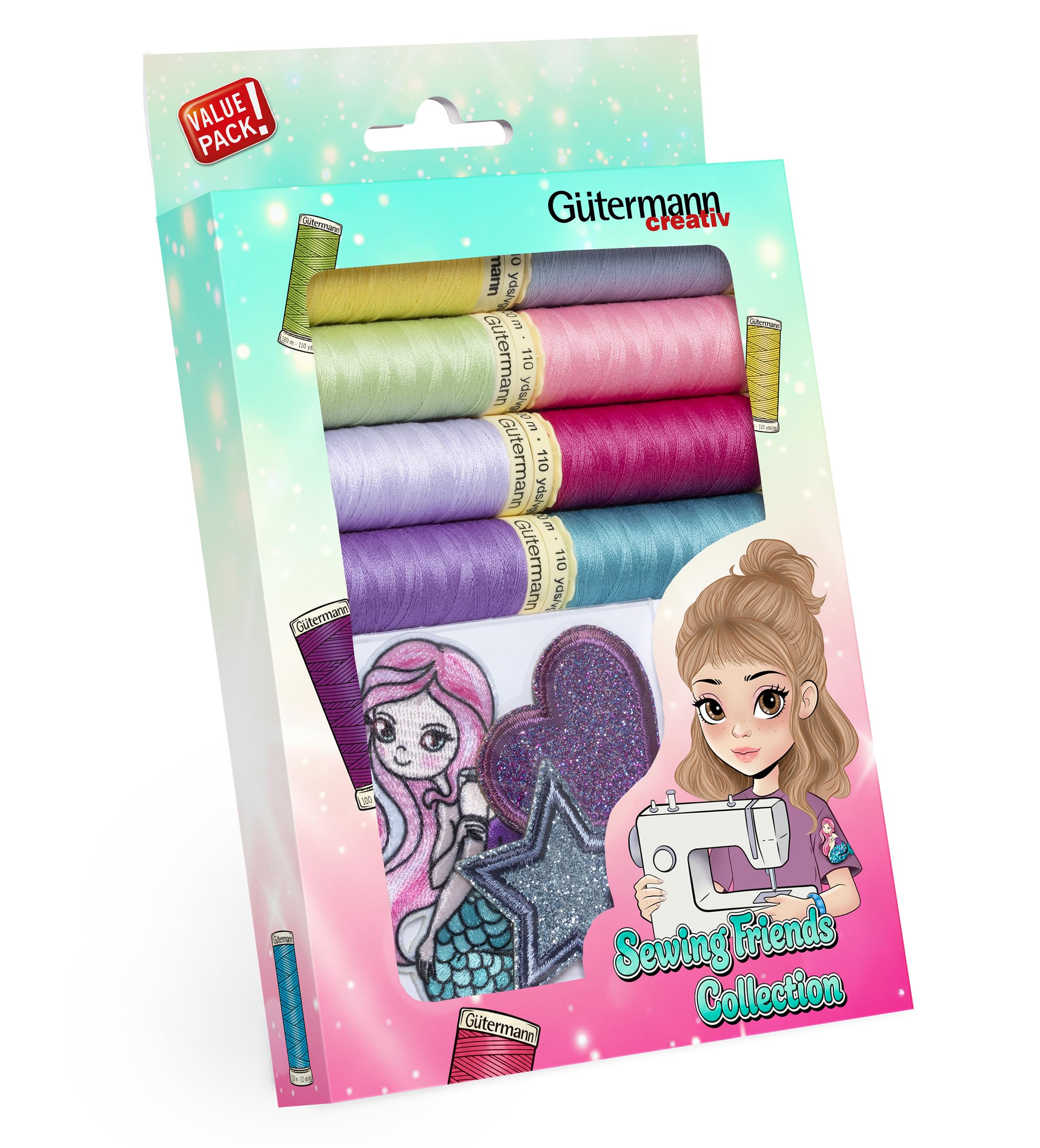 Gütermann Kids Sewing Thread Set - 8 Spools of 100 m with Appliques - Sewing Thread for Children