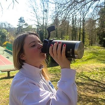 Enivan, Geïsoleerde sportfles, 1 l, met 2 rietjes en mondstuk, roestvrijstalen waterfles, BPA-vrij, waterdicht, lekvrij, dubbelwandig, voor fitness, krachttraining, wandelen, kamperen, kantoor, school