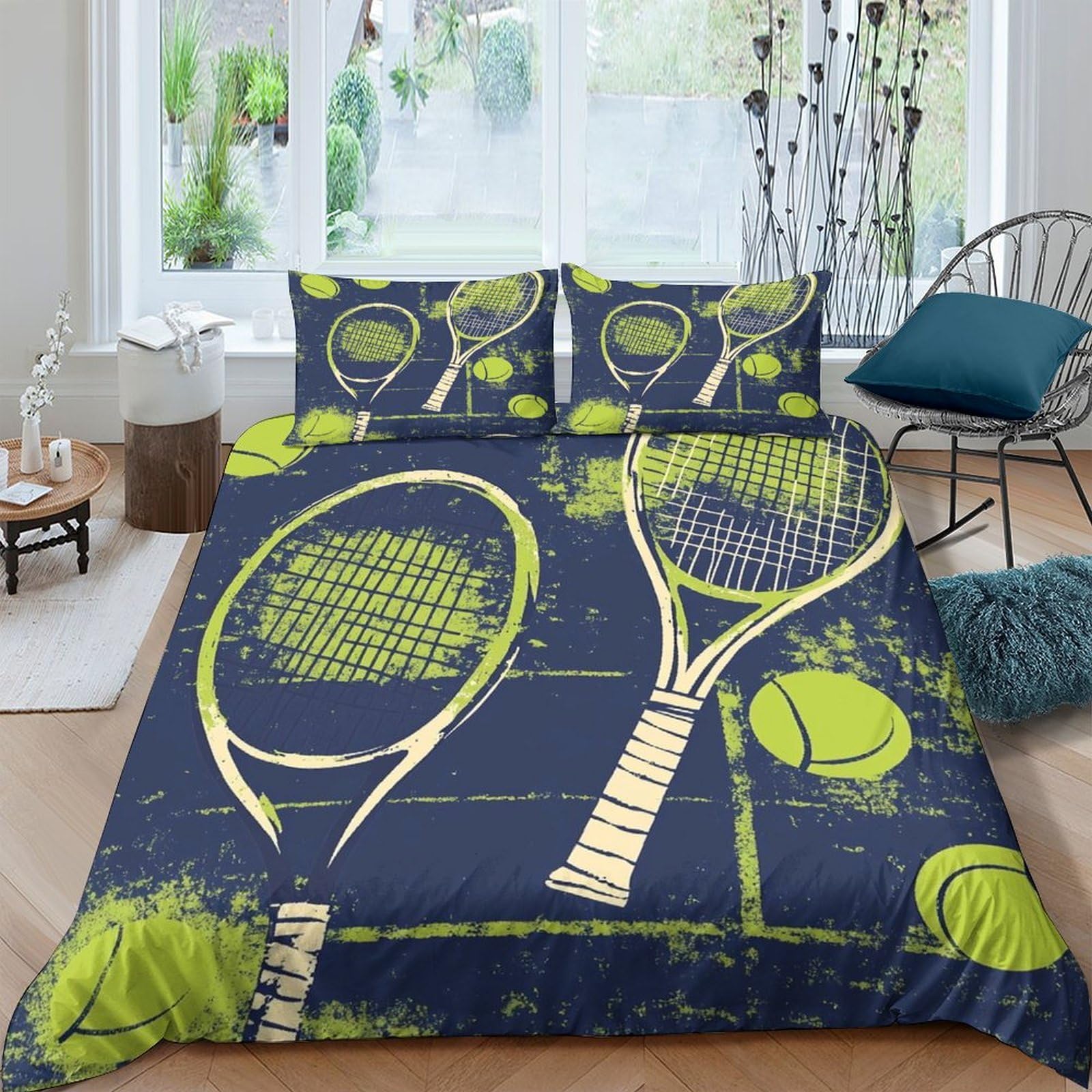 P5V6M1Q9 3D Printed Tennis Racket Duvet Cover Microfiber Soft Breathable Sports Ball Bedding Set with 2 Pillowcases for Bedroom Decor Single（135x200cm）