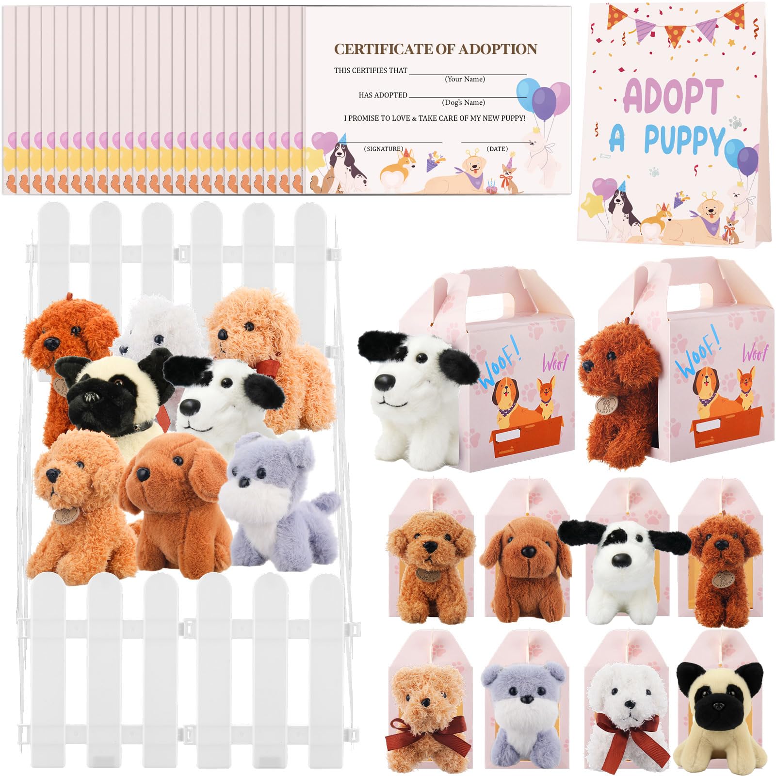 Skylety 81 Pcs Adopt a Pet Party Favors, 24 Mini Plush Stuffed Animals, 24 Adoption Boxes, 24 Adoption Certificate, 8 White Fences and 1 Display Sign for Adopt a Pet Birthday Party Supply Gift (Puppy)