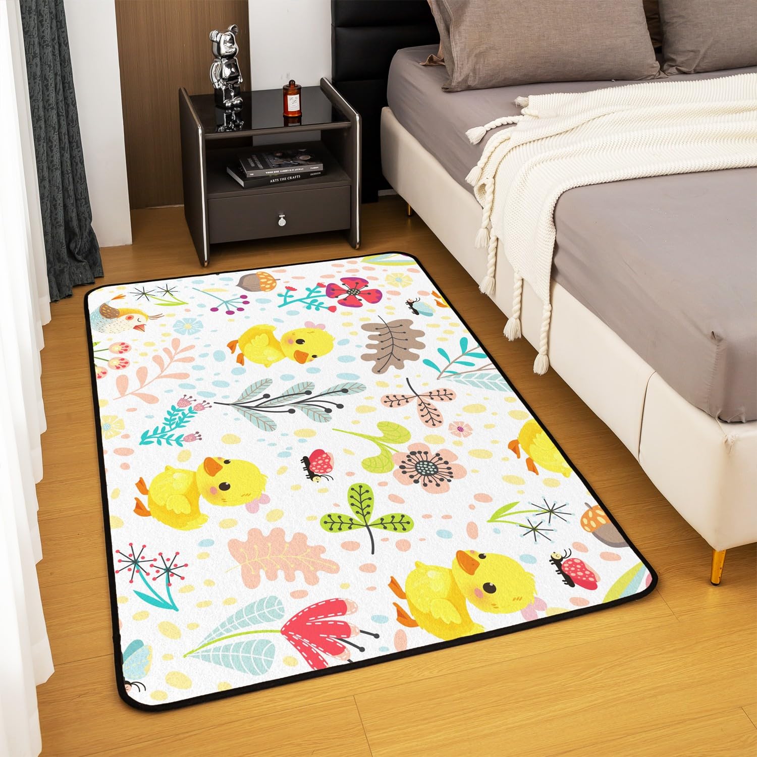 Dessin Animé Canard Tapis Salon 150x200,Mignon Animal Fleur Enfants Rectangulaire Tapis,Kawaii Ferme Impression Tapis Intérieur et Extérieur Chambre Salon,Jaune Bleu Fleur Lavable Tapis Décoratif