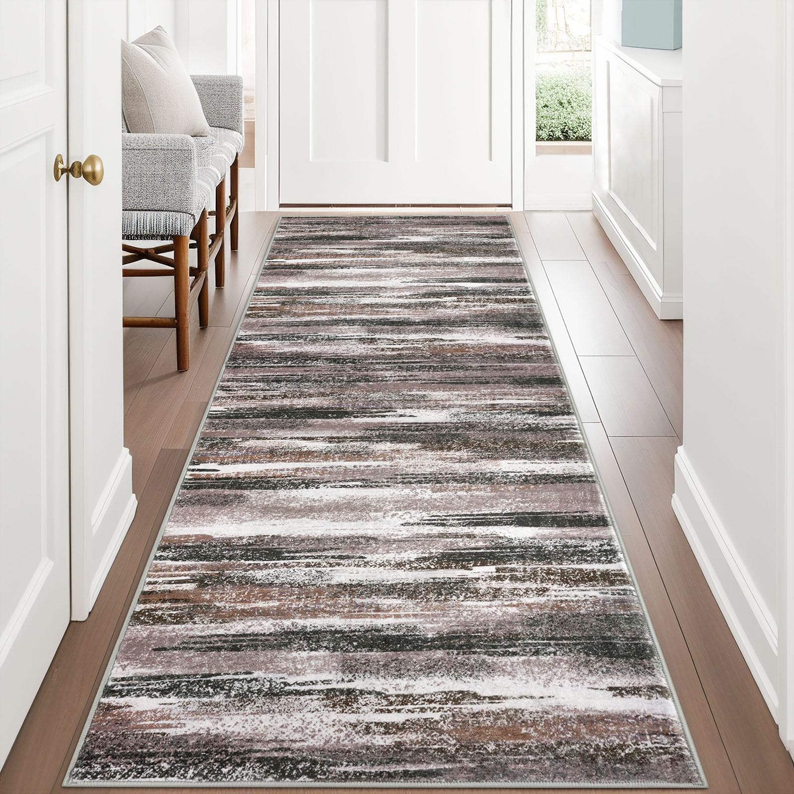 Lansny Modern Abstract Runner Rug 3x8, Dark Light Brown White Washable Kitchen Runner Non-Slip Soft Hallway Rug Runner Thin Print Faux Wool Carpet for