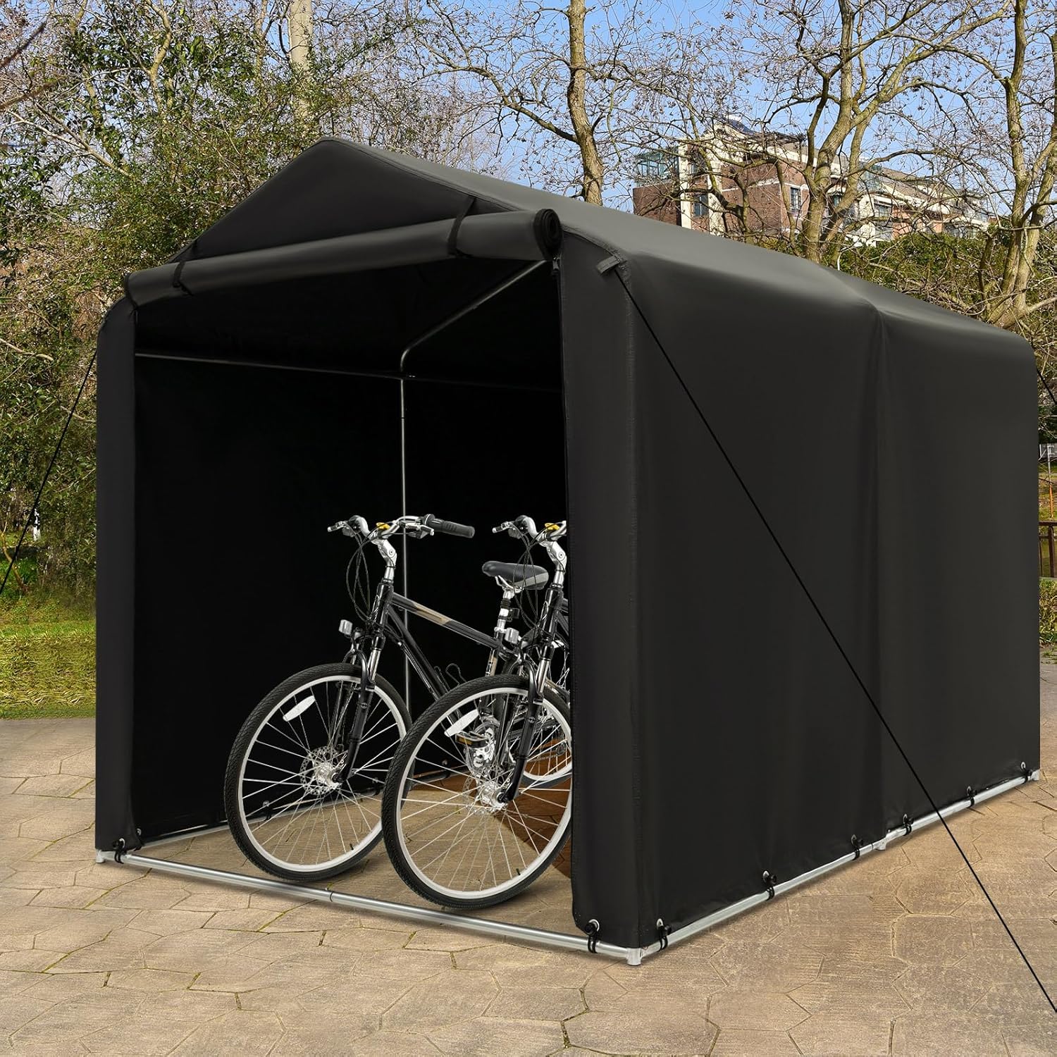 Goplus Portable Storage Shed, 7 x 5.2 x 5.4 Ft Heavy Duty Motorcycle Shed w/Roll-Up Zipper Door, Metal Frame, Waterproof Cover & Wind Rope, Outdoor Storage Tent Shelter for Bike, Garden Tools - Image 8