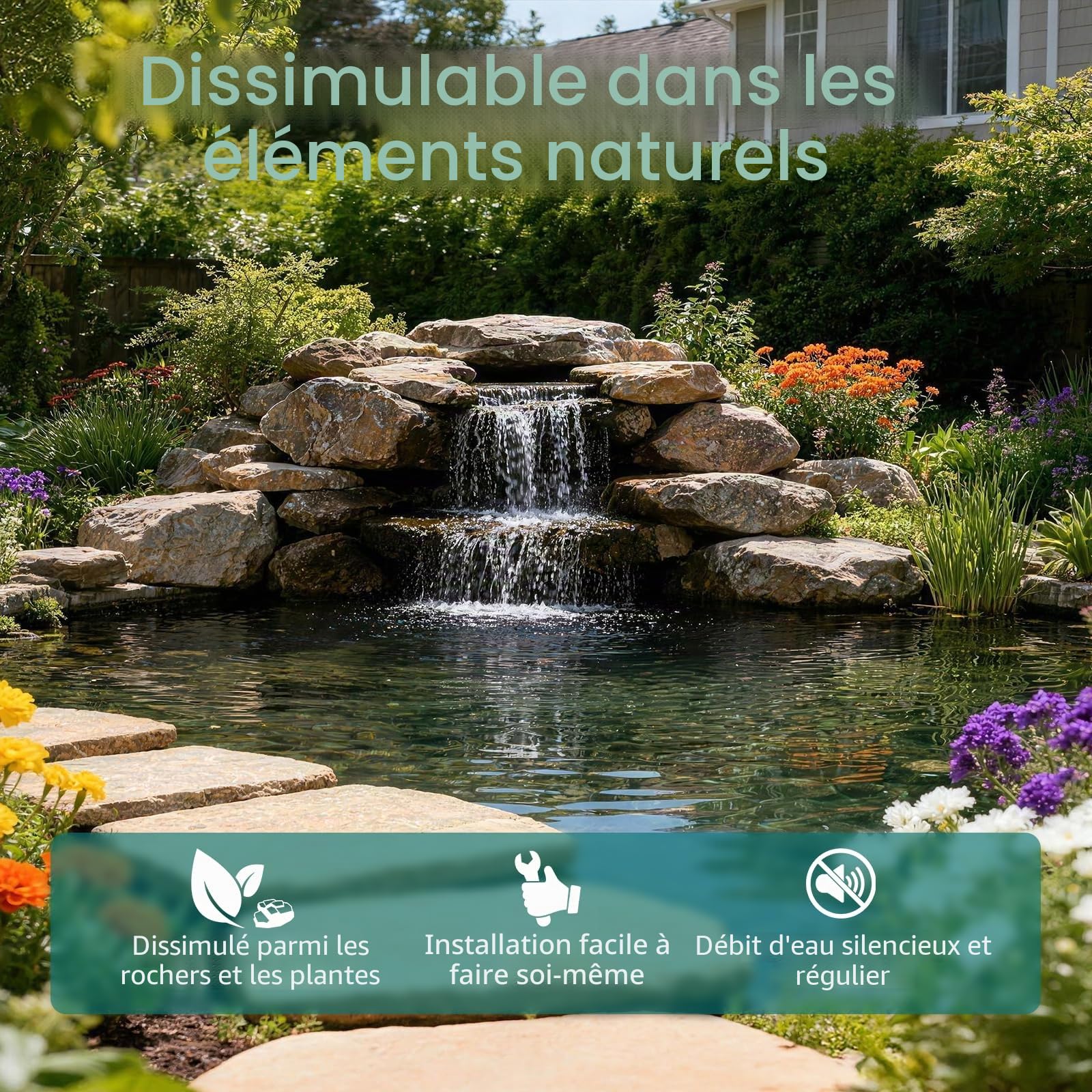Kit de cascade pour bassin - Filtre de 30 cm avec pompe à cascade de 2500 l/h et cage filtrante - Tube ondulé de 3 m pour étangs de jardin en plein air