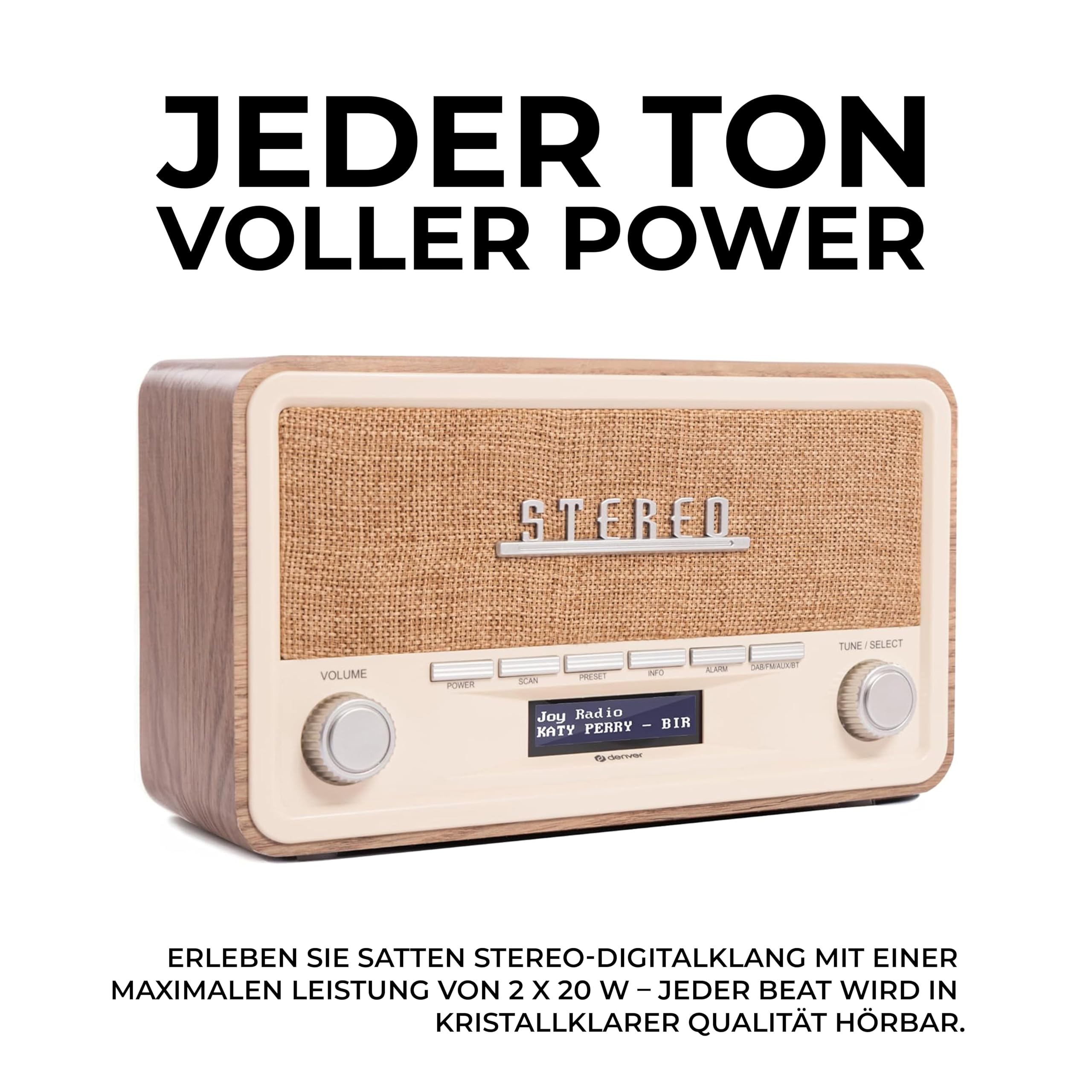 Denver Retro DAB-18 Digitalradio | DAB Plus Radio mit Bluetooth & FM | 2x20W Stereo-Lautsprecher | Kleines Radio mit Netzstecker | Küchenradio DAB mit gutem Klang | LCD-Display & Weckfunktion | DAB Plus & FM & Bluetooth, 2x20W Stereo-Lautsprecher, LCD-Dis