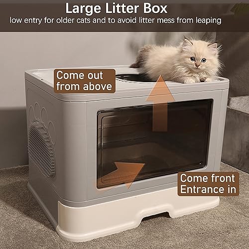 Miniatura 6 de Caja de arena plegable portátil extra grande cubierta con tapa de entrada superior para gatos