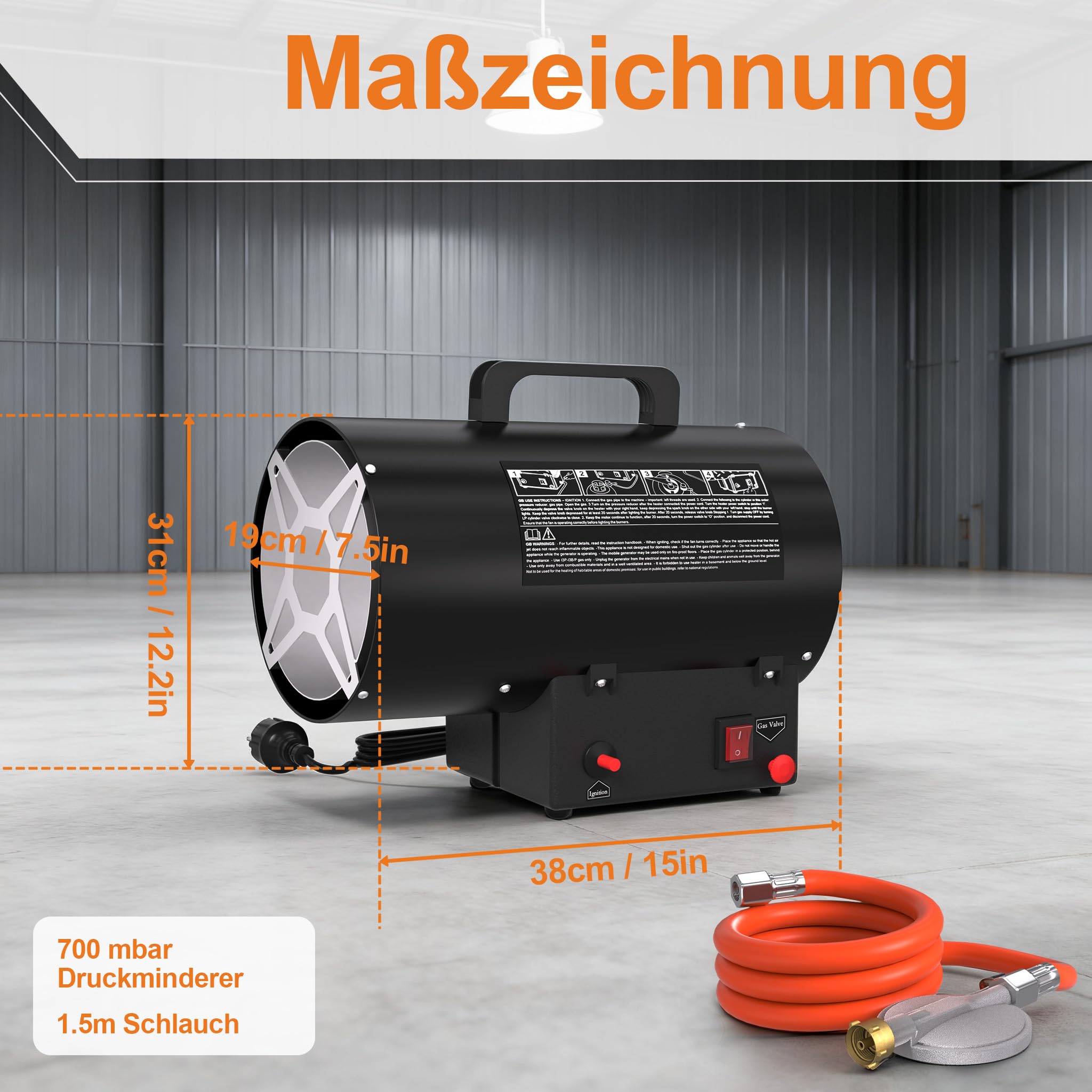 NAIZY Gasheizung für innenräume 15KW Gasheizgebläse mit 1.4m Gasschlauch und 700 mbar Druckminderer, 320 m³/h Luftdurchsatz Gasheizstrahler für Baustellen Garage Lagerräumen