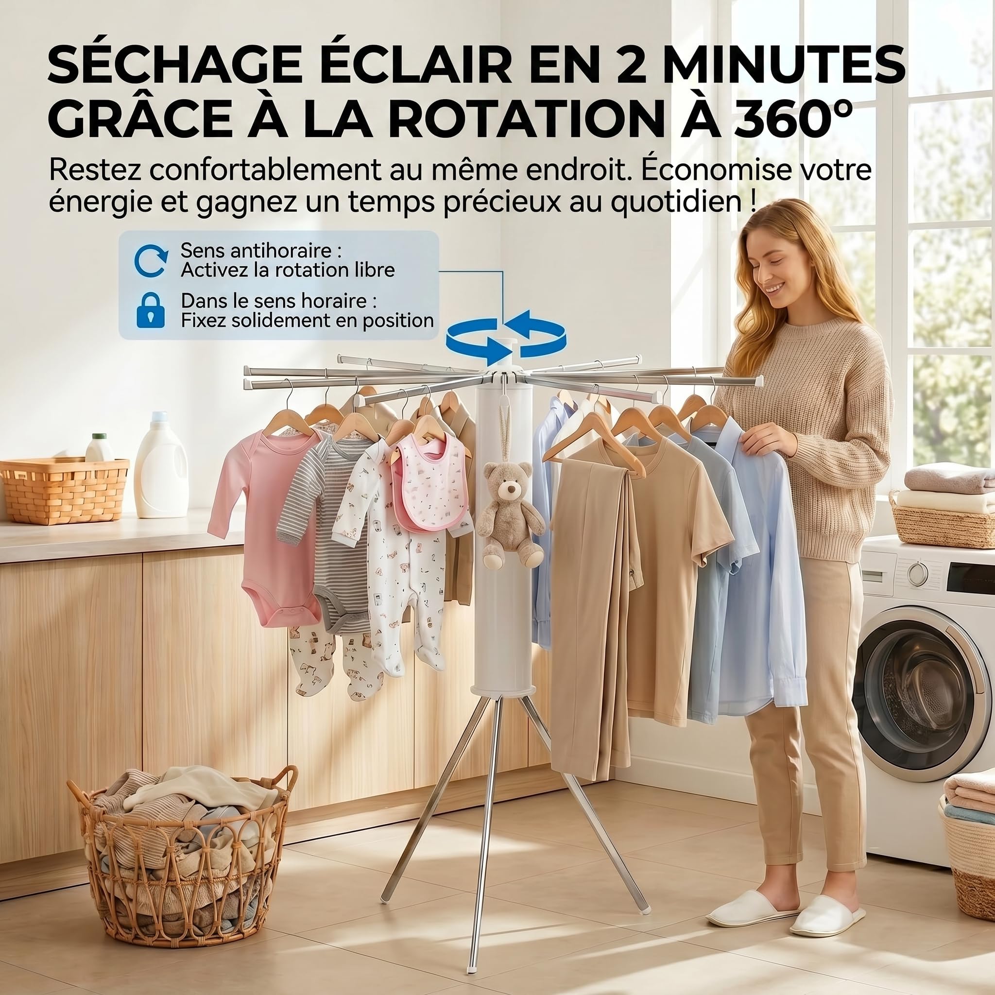Étendoir à Linge Pliable 360° Pivotant – Séchoir à Linge Intérieur Extérieur Gain de Place avec 16 Bras en Acier Carbone, Étendoir Vertical Extensible pour Balcon, Camping, Buanderie