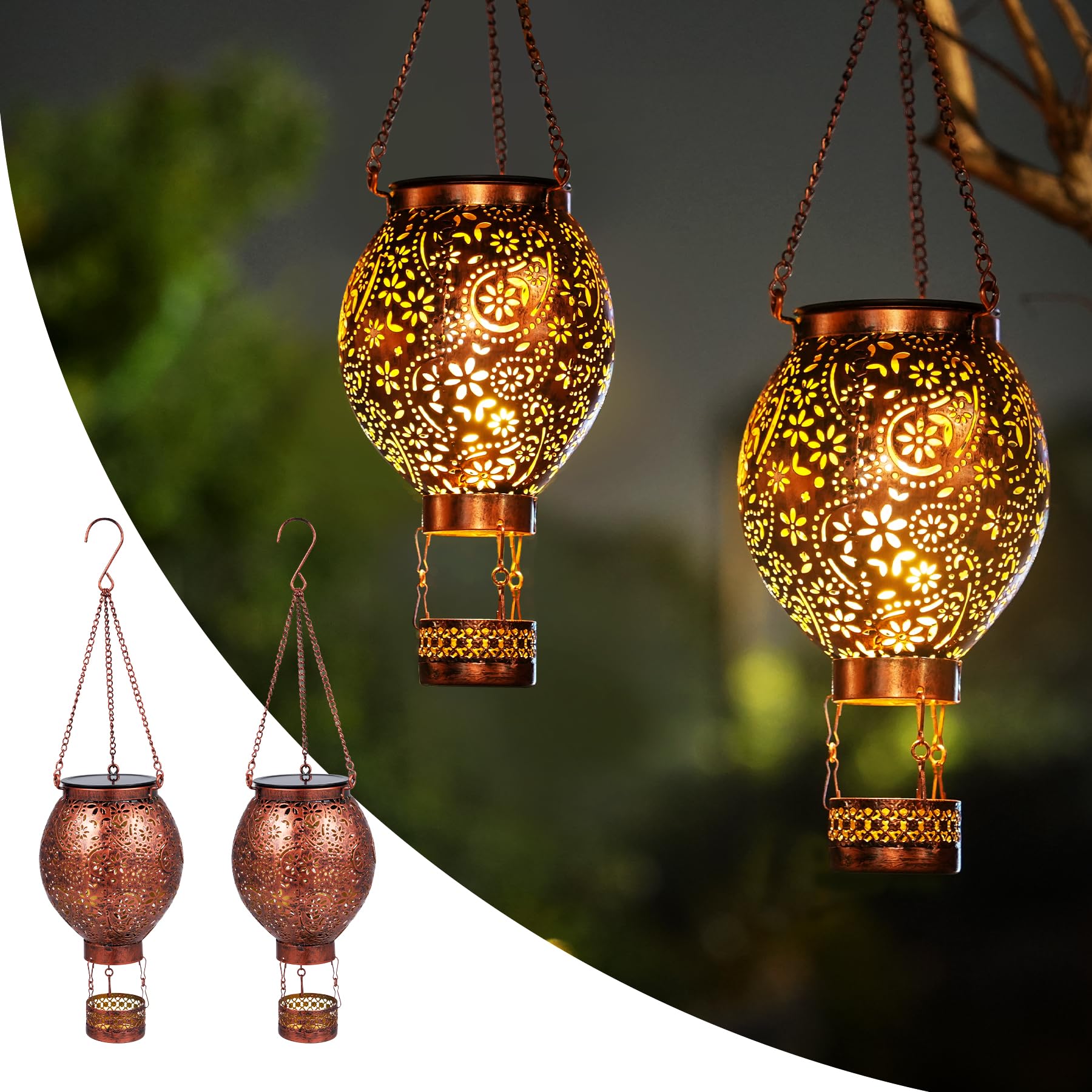 JOYCREATOR Solarlaterne für Außen Wasserdicht IP65, LED Solar Laternen für Draußen 2 Stück Metall, Orientalische Solarlampen für Außen Garten Hängend für Balkon Patio Baum Geschenke(Heißluftballon)