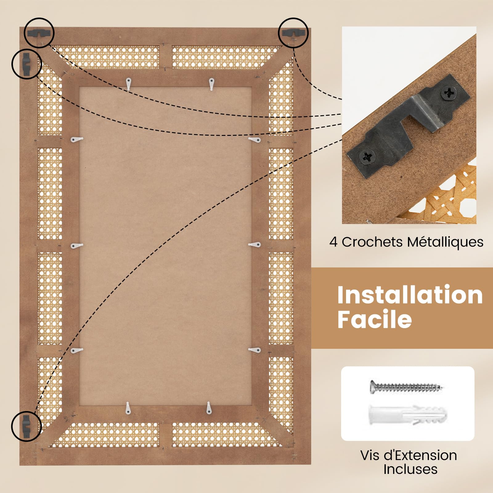COSTWAY Miroir Mural en Rotin, Miroir Rectangulaire 90 x 60 cm, Cadre en Bois, Verre en Aluminium, Crochets et Vis d'Expansion, Miroir Decoration Murale pour Salon Chambre Entrée, Vertical/Horizontal