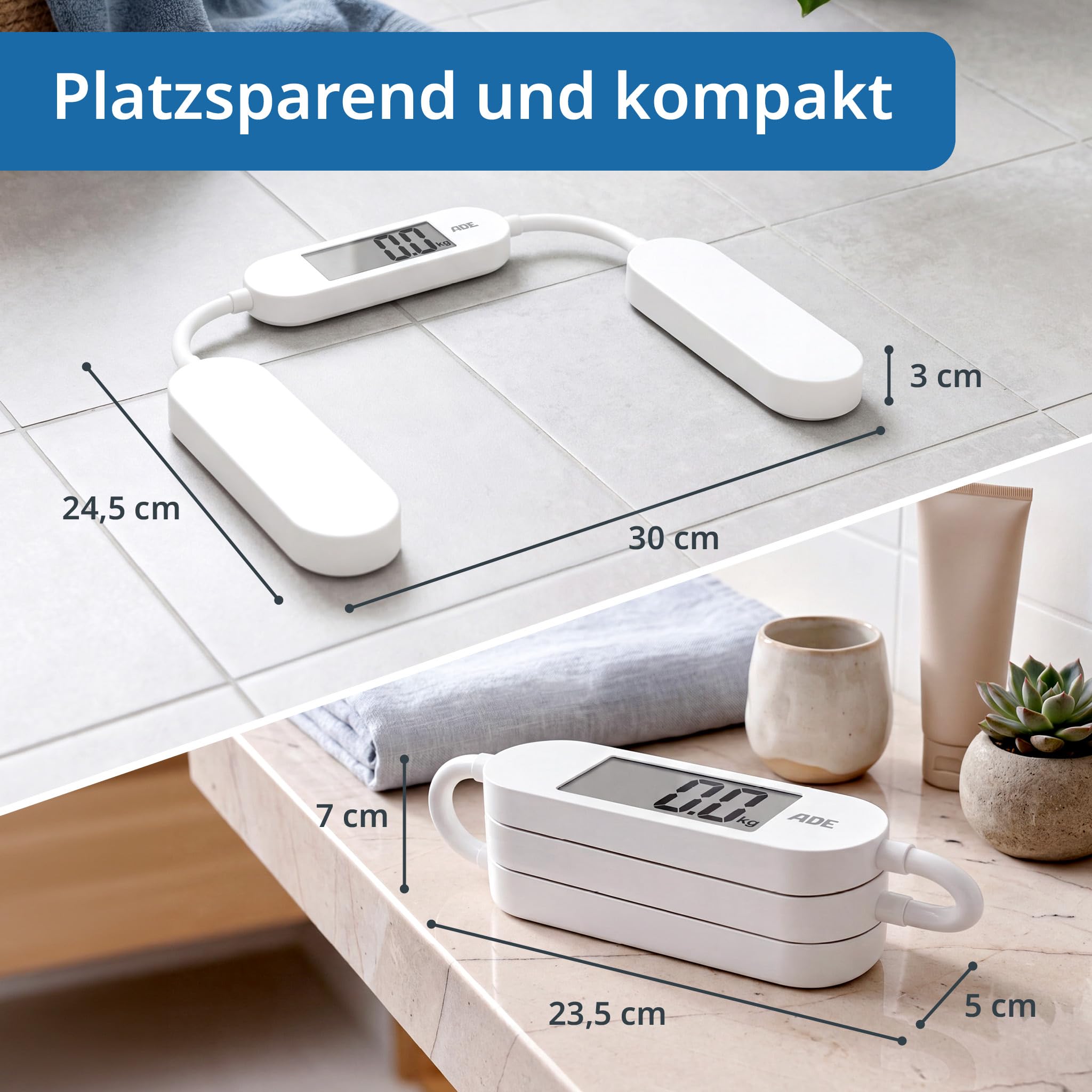 ADE Faltbare Reisewaage | digitale Personenwaage mit 180 kg Tragkraft in 100-g-Schritten | präzise Körperwaage mit LCD-Display