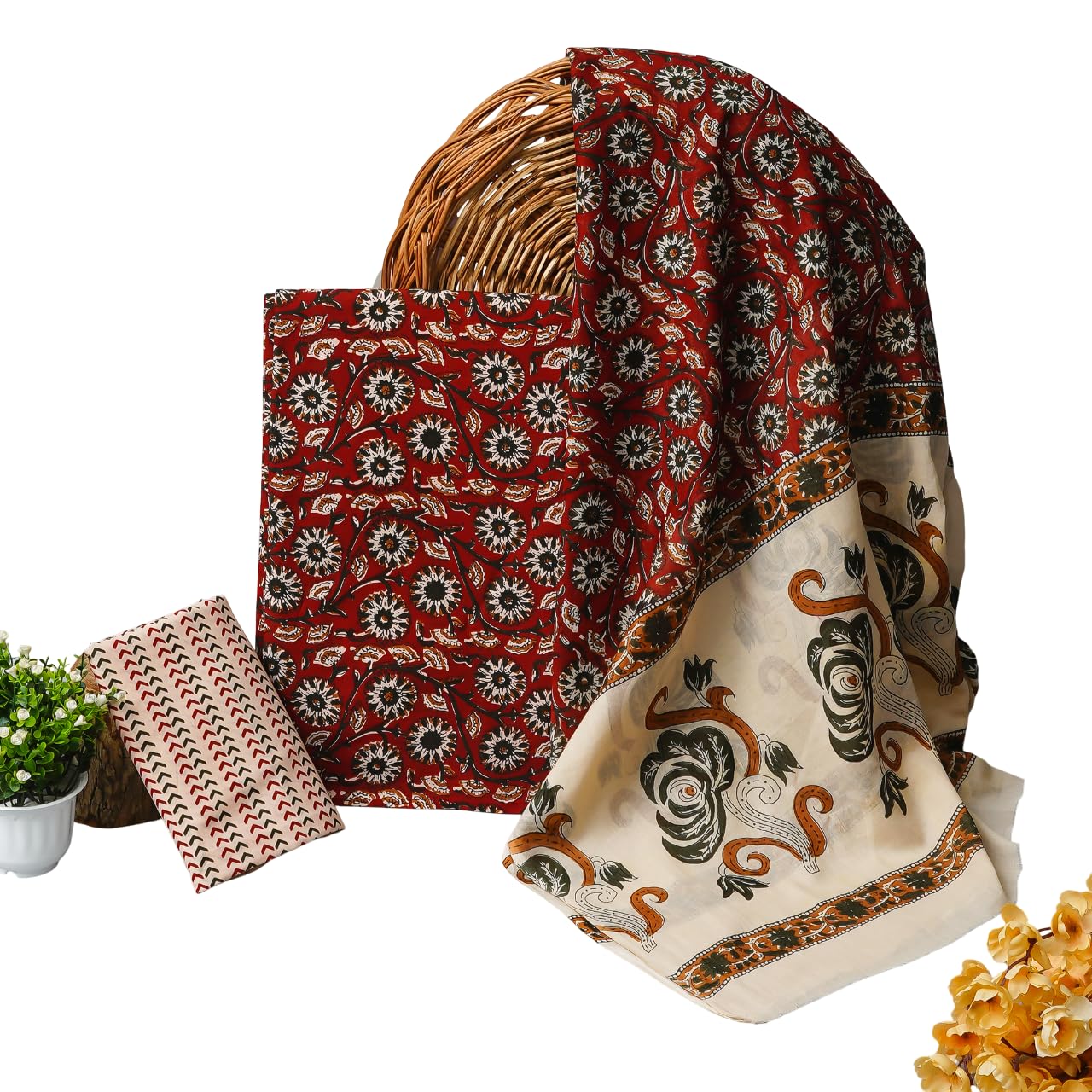 Woman's &Girls Pure Cotton Bagru Print Unstitched Suit & Dress Material With Cotton Dupatta (Maroon)