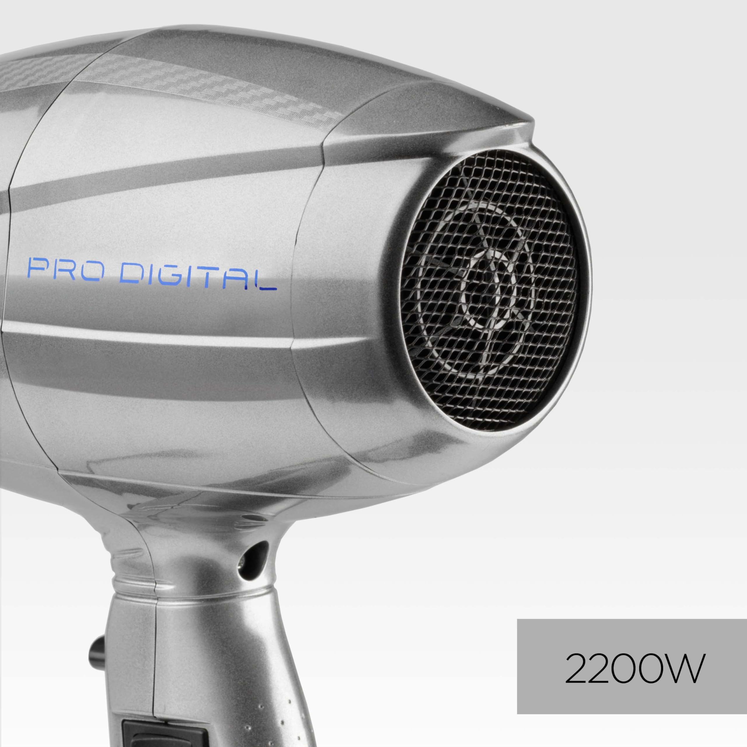 Suszarka do włosów BaByliss Pro Digital z dyfuzorem - 2200 W Ultra-szybka profesjonalna suszarka z jonizacją, wyprodukowana we Włoszech, 3 ustawienia temperatury i 2 prędkości, srebrna, 6000E