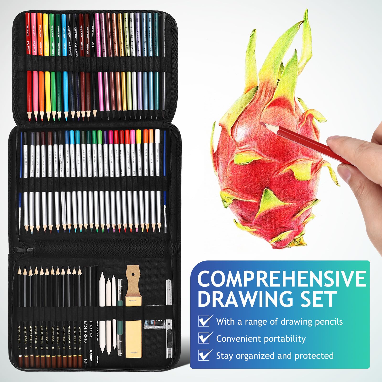 NIYANGLE Ensemble de Crayons de Couleur en Bois Étui Zippé et Gomme, Crayons Aquarellables pour Dessin en Plein Air et Cours, Portabilité Pratique
