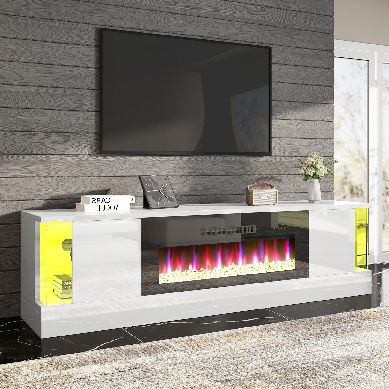 AMERLIFE High Gloss Fireplace TV Stand with 36" Fireplace, 70" LED Lights Entertainment Center with Flip Doors & Corner Glass Decor, Modern TV Console Table for TVs up to 80", Living Room, White