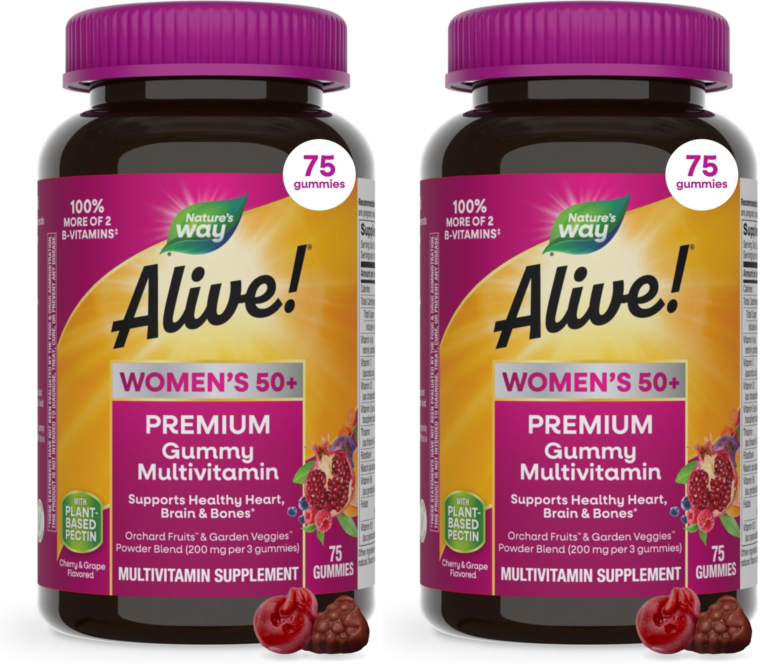 Nature's Way Alive! Women's 50+ Premium Gummy Multivitamin Supplement, Supports Heart, Brain & Bones*,B-Vitamins,Vegetarian,Grape&Cherry Flavored Gummy Vitamins,75 Gummies Packaging Vary,(Pack of 2) 75 Count (Pack of 2)