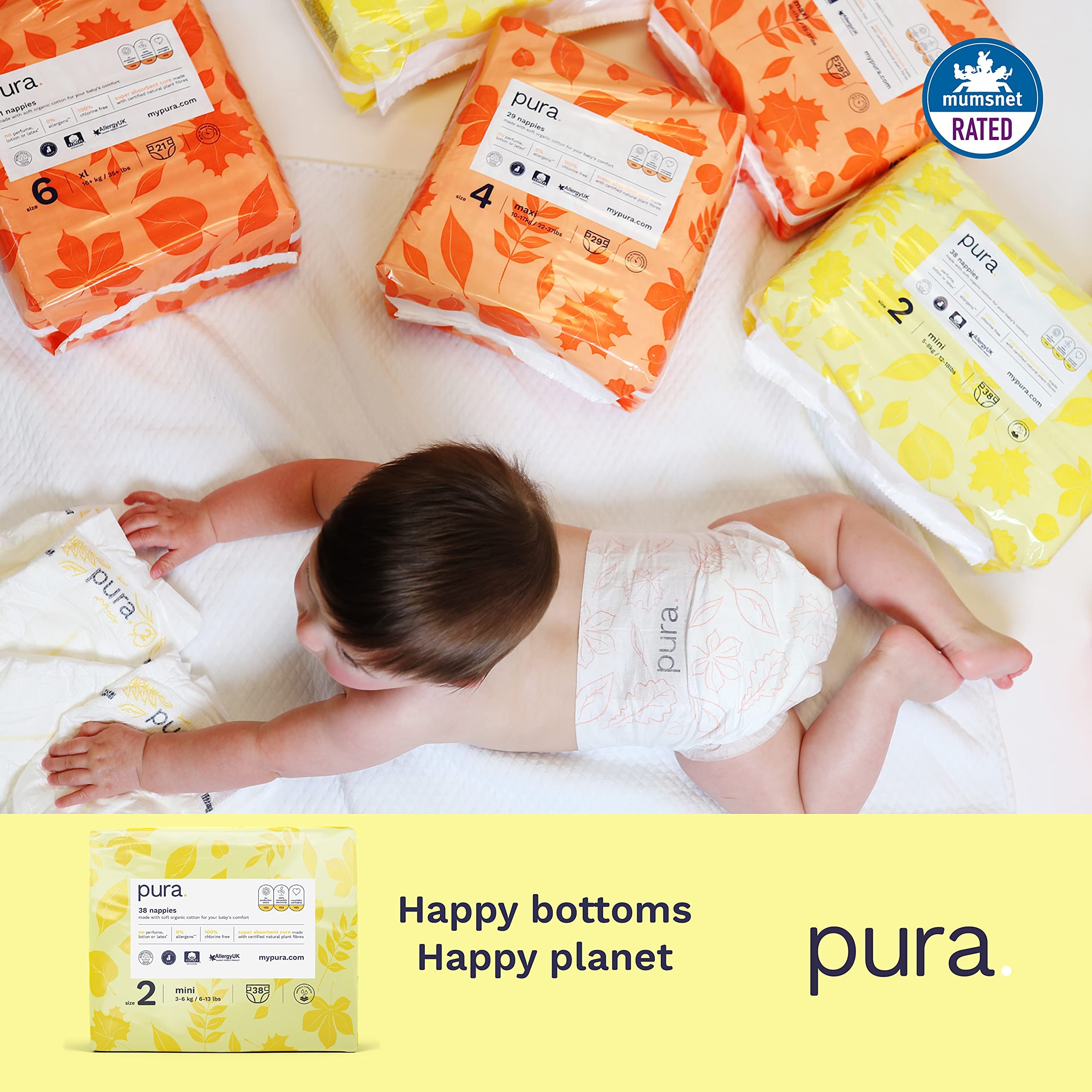 Pura Pannolini Ecologici, Taglia 2 (Mini 3-6kg), 152 Pannolini (4 Confezioni da 38), Scatola Mensile, Certificati EU Ecolabel, Cotone Biologico, Senza Profumo, Indicatore di Umidità