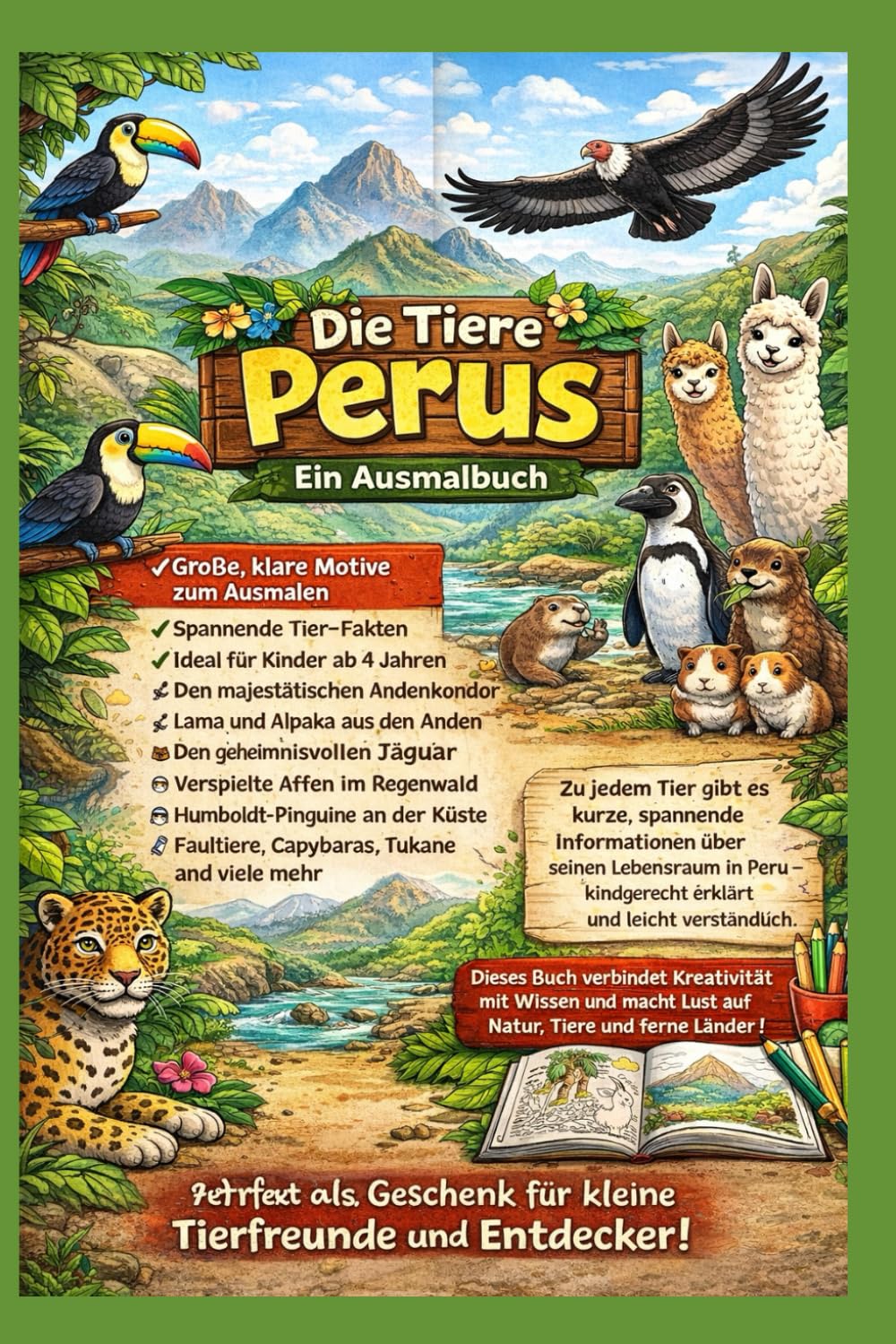 Tiere in Peru – Malbuch für Kinder: Amazonas Regenwald und Anden Tiere zum Ausmalen mit spannenden Fakten für Kinder jeden Alters