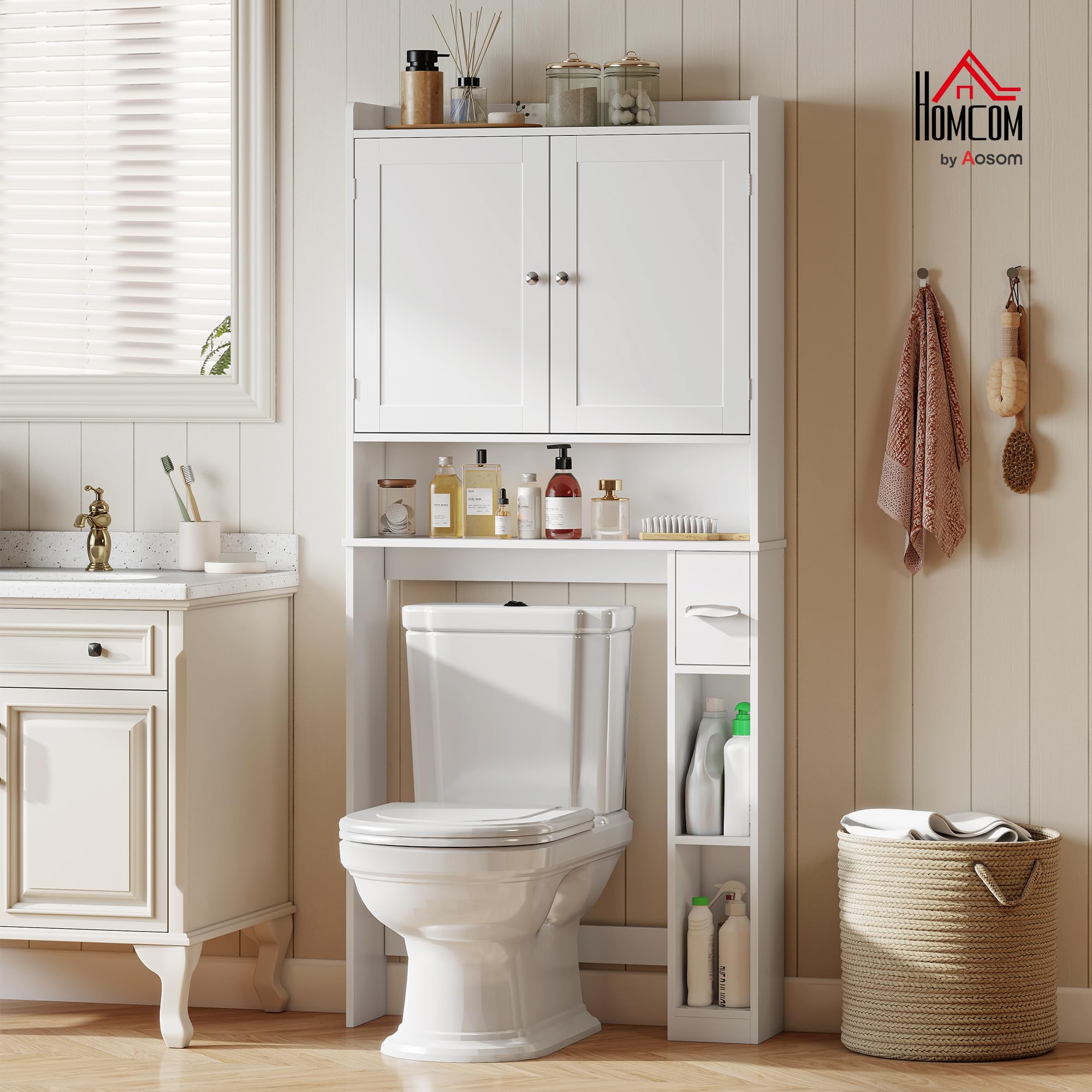HOMCOM Mobiletto sopra il WC o la lavatrice, armadietto sopra il WC con 2 ante, 3 scomparti aperti, ripiano regolabile, porta carta igienica, 80 x 19,5 x 170 cm, bianco