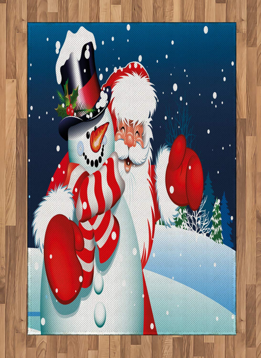 ABAKUHAUS Christmas Area Rug, Smiling Santa Claus Hugging Snowman in Cartoon Style Winter Hills Fir Trees, Flat Woven Accent Rug for Living Room Bedroom Dining Room, 4' X 5.7', Blue Red White