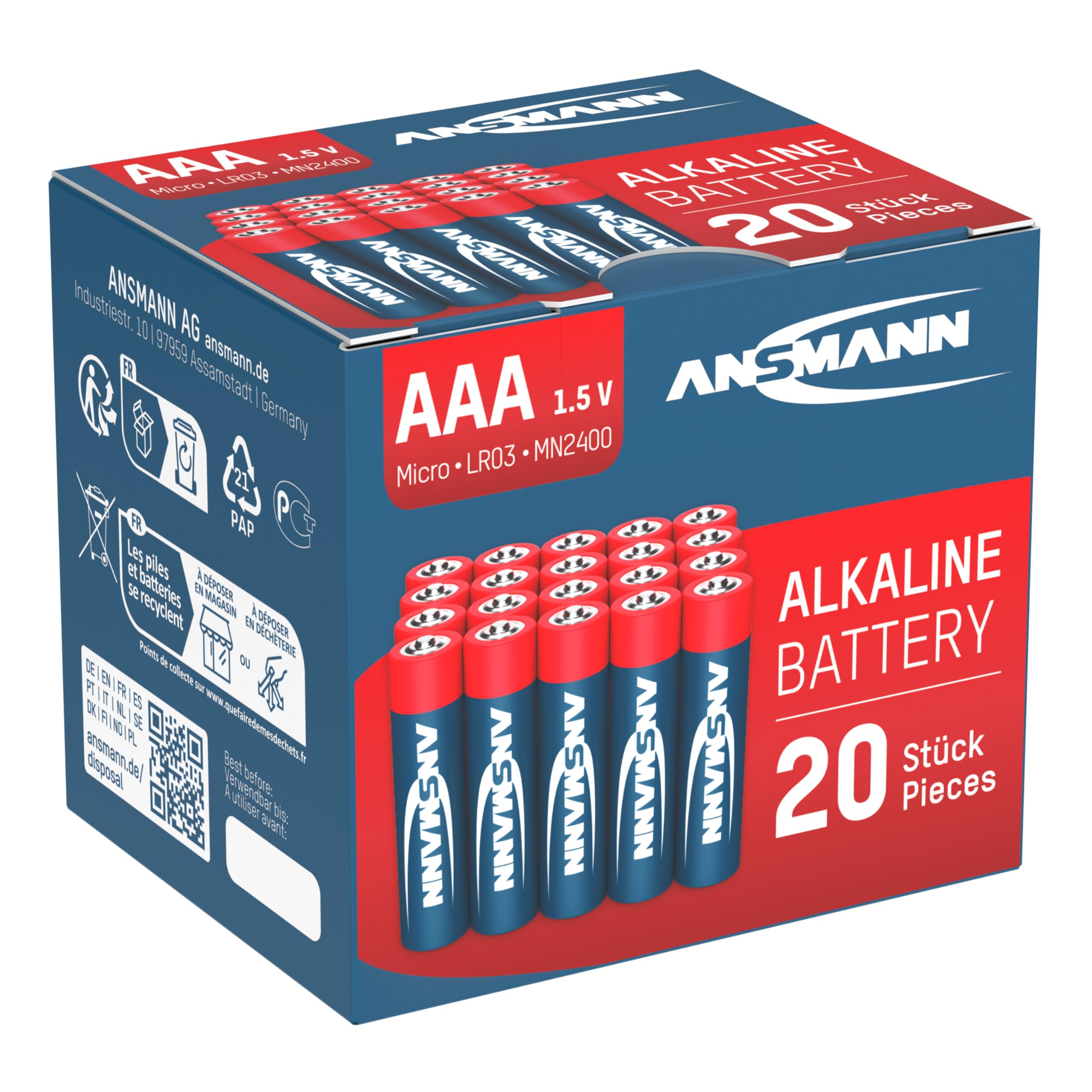 ANSMANN Bateria alkaliczna Micro AAA – LR03 1,5 V – Longlife baterie alkaliczne w praktycznym pudełku do przechowywania – 20 sztuk – idealne do pilota zdalnego sterowania, zegara ściennego, wagi