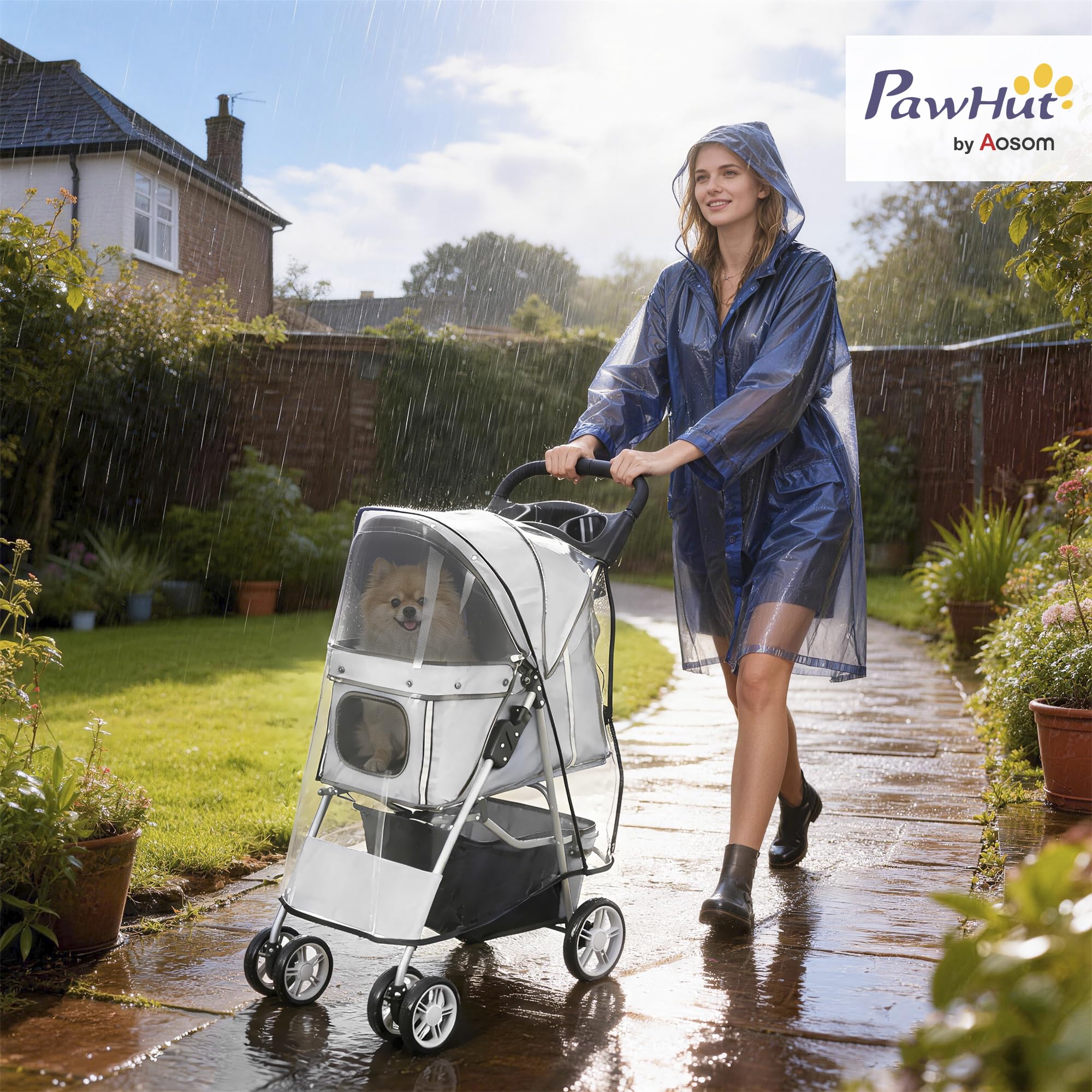 PawHut Passeggino per Cani Pieghevole, Carrozzina per Animali con Copertura Antipioggia, Catarifrangenti, Ruote Girevoli a 360°, Freni e Cuscino Lavabile, Grigio