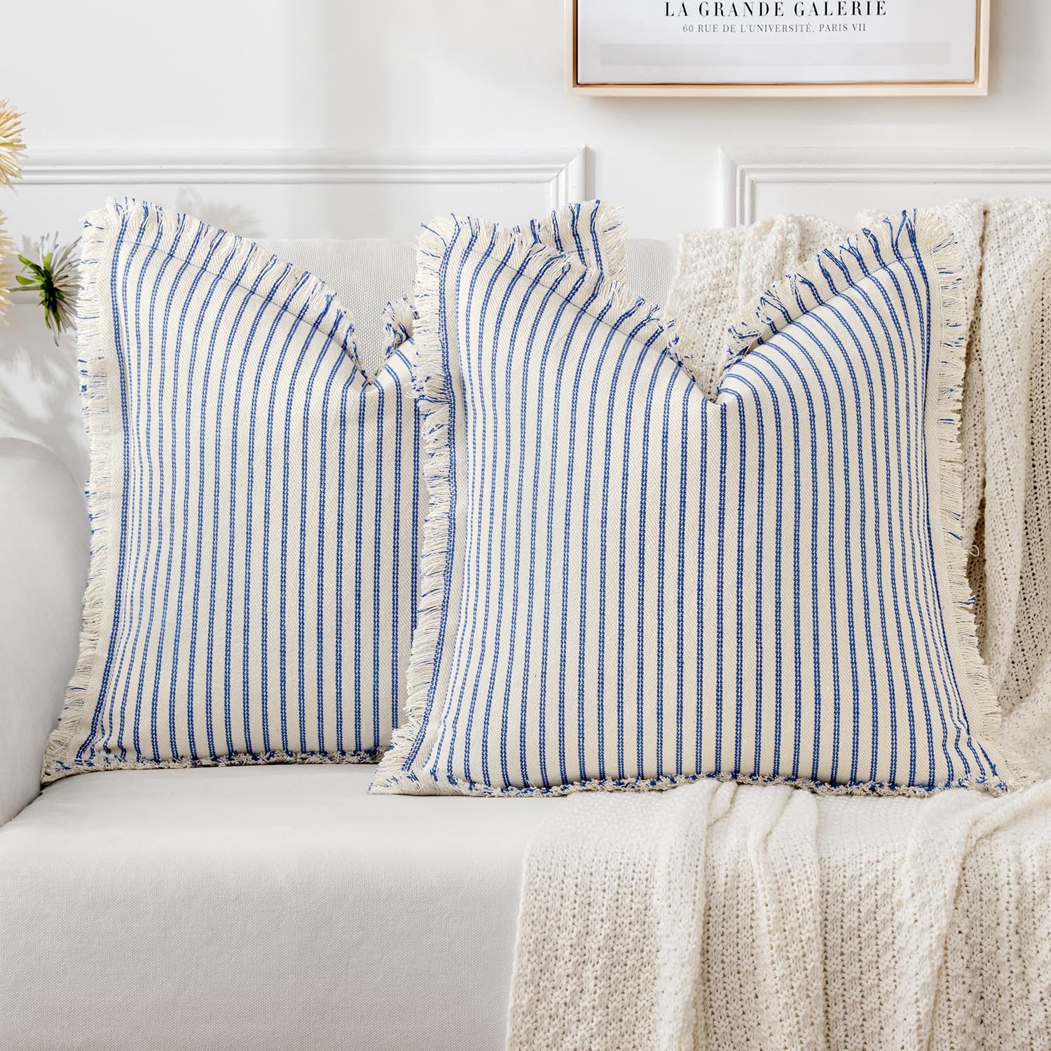 MIULEE Pack of 2 Royal Blue Pillow Covers 26x26 Inch Striped Farmhouse Couch Throw Pillow Covers with Fringe Chic Linen Decorative Cushion Eruo Sham