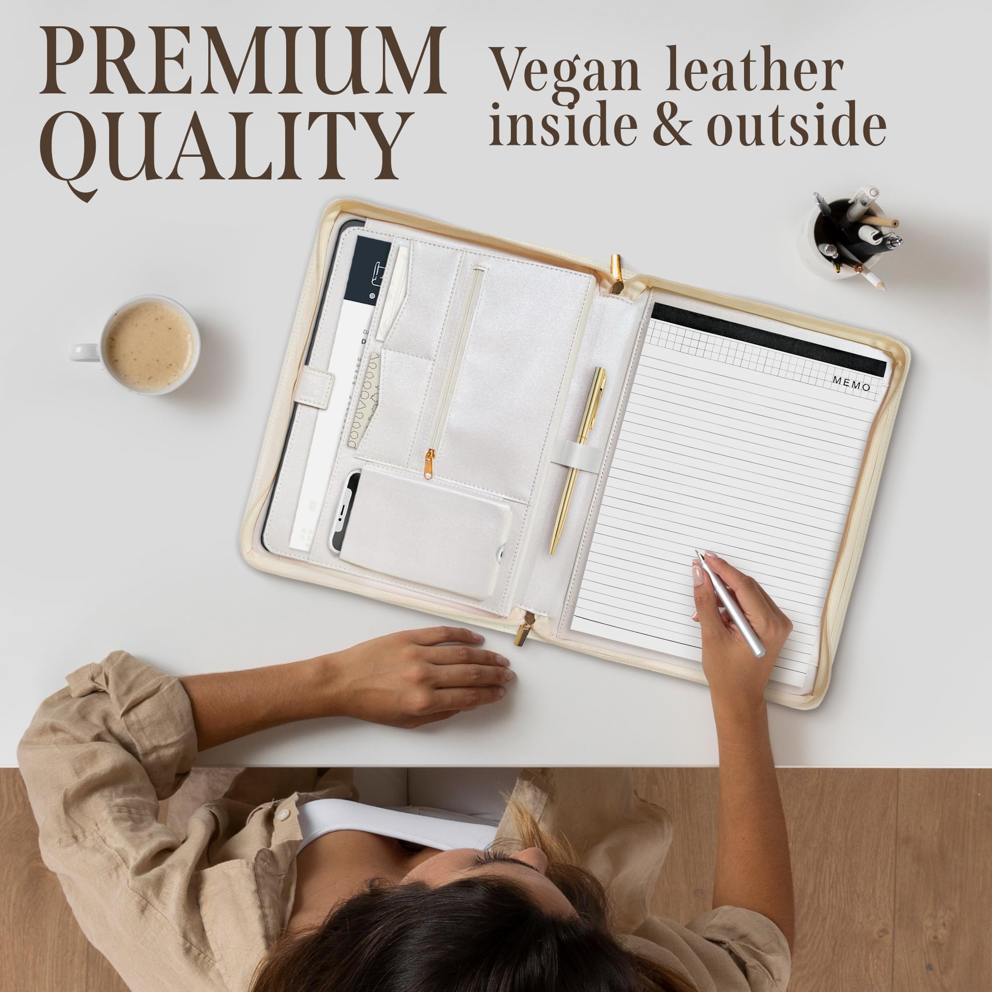 Padfolio for Women, Leather Zipper Binder, Beige Portfolio Organizer, Design Zipper Padfolio, Aesthetic Portfolio Binder, Laptop Portfolio Organizer Case, Folder Organizer, Portfolio for Ipad - Image 6