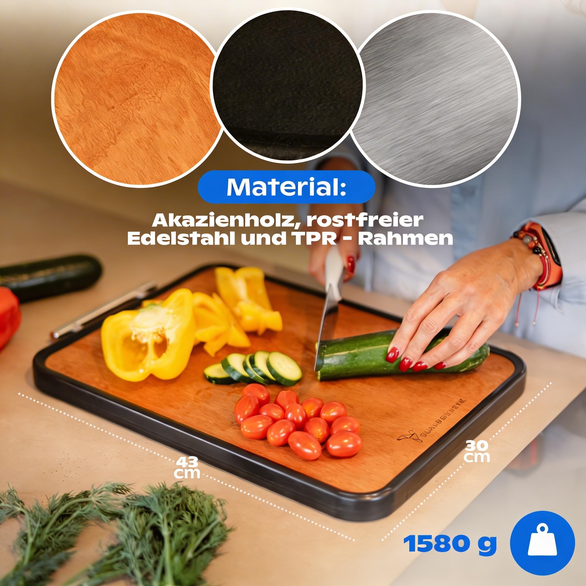Doppelseitiges Schneidebrett Holz & Edelstahl – 2-in-1 Küchenbrett | Rutschfestes Cutting Board, Groß mit Saftrille & Anti-Slip-Rahmen | Schneidewerk