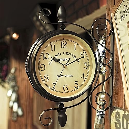 Reloj de doble cara, estilo vintage europeo con marco de metal, rotación de 360, mecanismo silencioso, ideal para sala de estar, restaurantes,