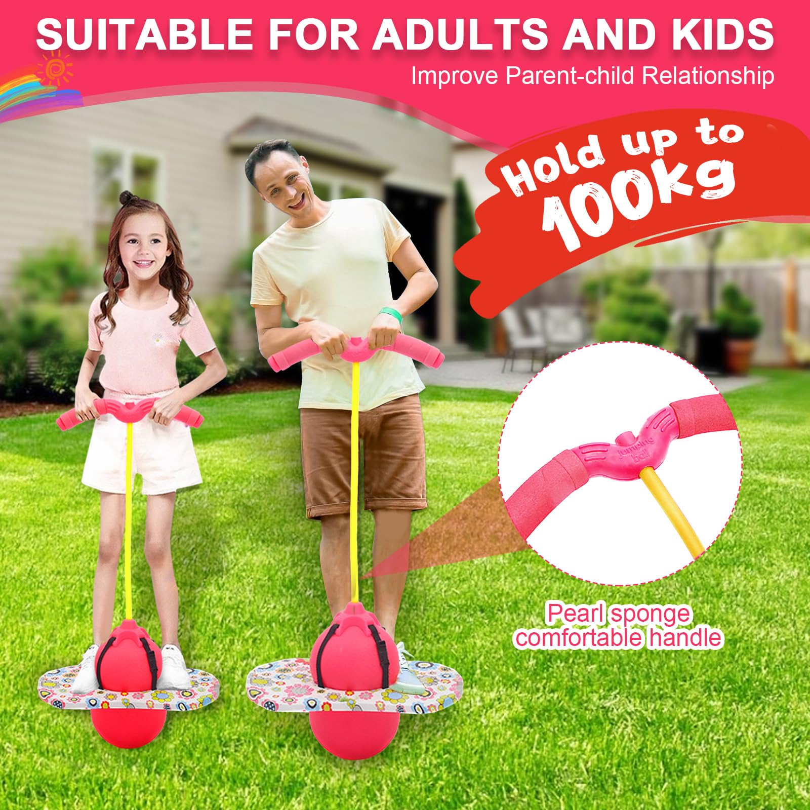 Pogo Ball mit Griffen, Pogo Stick Hüpfball für Kinder, Hüpfstange mit Luftpumpe, Pogo Ball zum Training des Gleichgewichts, Jump Spiel Geschenk für Kinder ab 6 Jahre (Rosa)