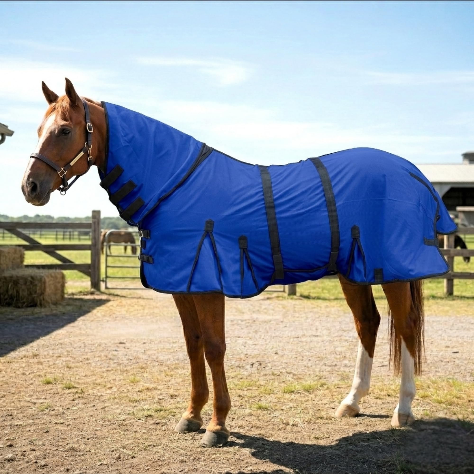 Horse Fly Sheet with Attached Neck Cover &amp; Tail Flap | UV Protection Mesh Horse Blanket, Full Body Bug &amp; Sun Shield, Buckles, Belly Wrap &amp; Gussets for Spring Summer Riding Rug (Royal Blue, 62")