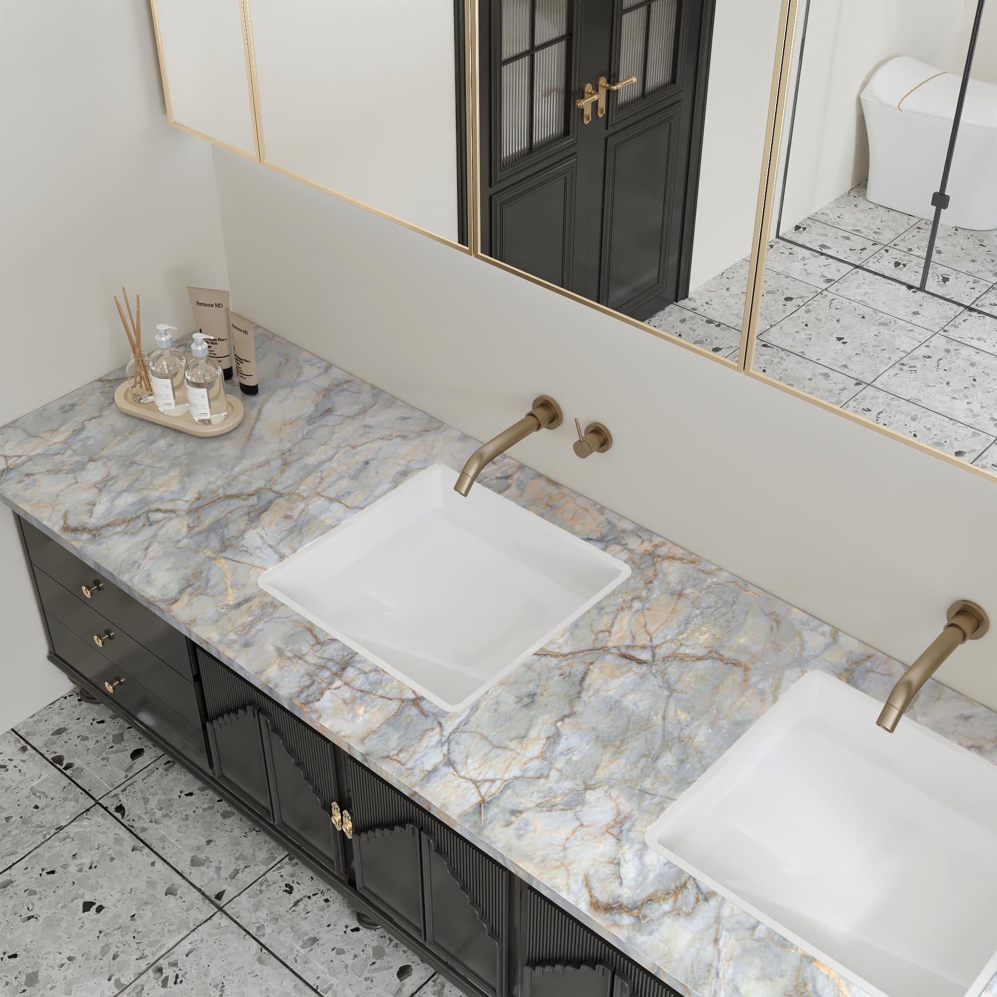 Boobest Carta da parati in marmo di grandi dimensioni, 80 x 899 cm, carta da parati autoadesiva blu oro marmo carta da contatto per controsoffitti impermeabile rimovibile marmo vinile extra largo