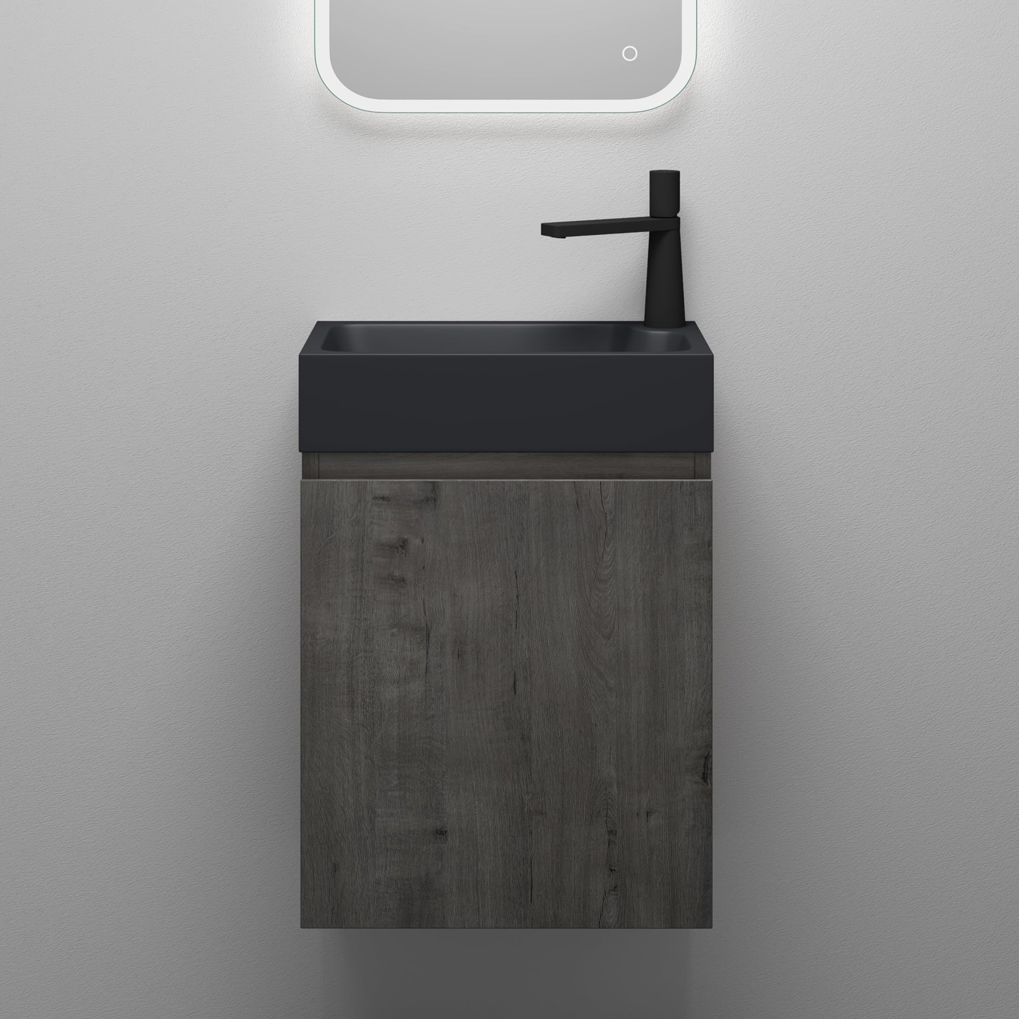 Mai & Mai Mobile Bagno Sospeso46x26x63cm in Rovere scuro, Set Mobiletto per Bagno con Lavabo da Minerale fuso in Antracite opaco, Seria Pisa02