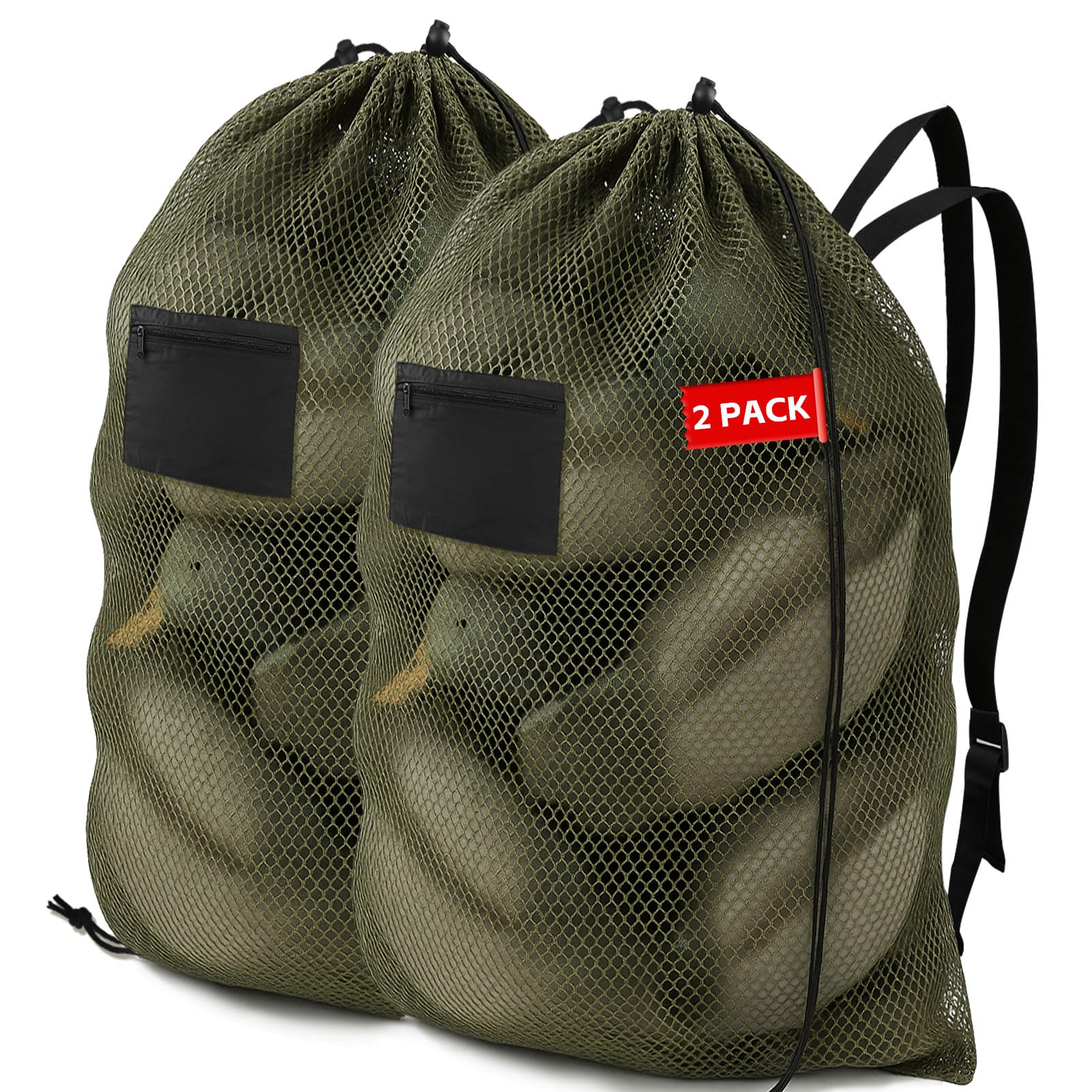 Archerest 2 Pack Extra Large Mesh Duck Decoy Bag, Decoy Bags for Duck Goose with Double Drawstring & Adjustable Shoulder Straps, Light Weight Turkey Waterfowl Hunting Storage Backpack