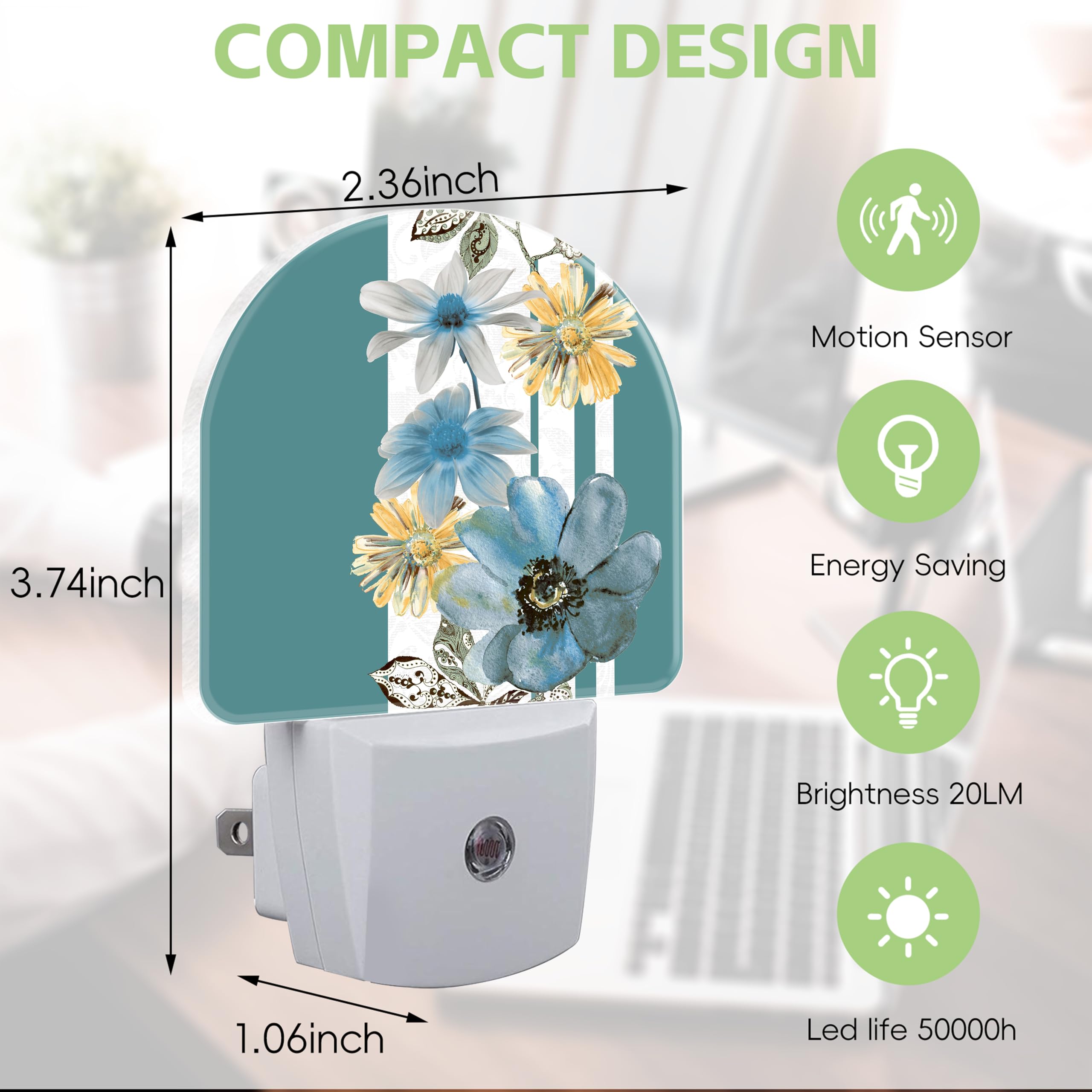 Vintage Groovy Flowers Night Light for Kids,Blue Yellow Floral Plug in Night Light, 0.5w Energy Saving Sleep Friendly Dusk to Dawn Sensor NightLight for Boys Girls Hallway Stairway Kitchen