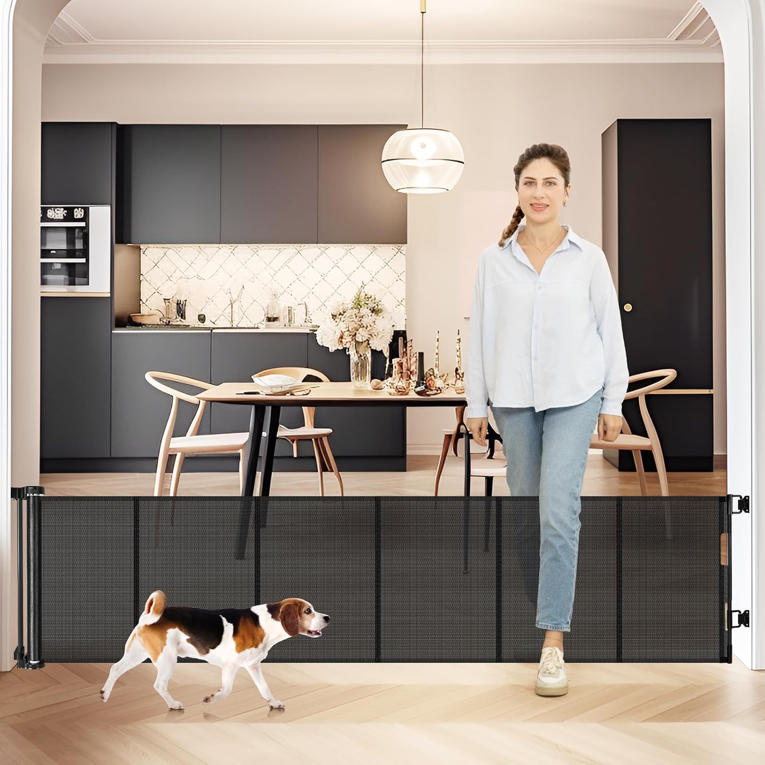 24 Inches Tall Retractable Baby Gates for Doorways, Short Dog Gates to Step Over, Extends up to 55" Wide, Reinforced Mesh Baby Gate for Kids or Pets, Doggie Gates Puppy Gates for The House (Black)