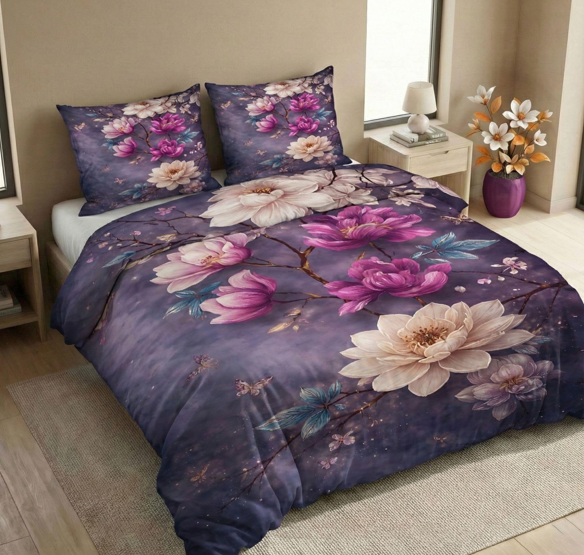 SANMARINO 300 TC Cloud Cotton Pixel 7D King Size Bedsheet with 2 Pillow Cover | Premium 7D Floral Printed Bedding Set | Ultra Soft & Breathable | 108x108 Inch | Royal Orchid Floral Symphony-image-44