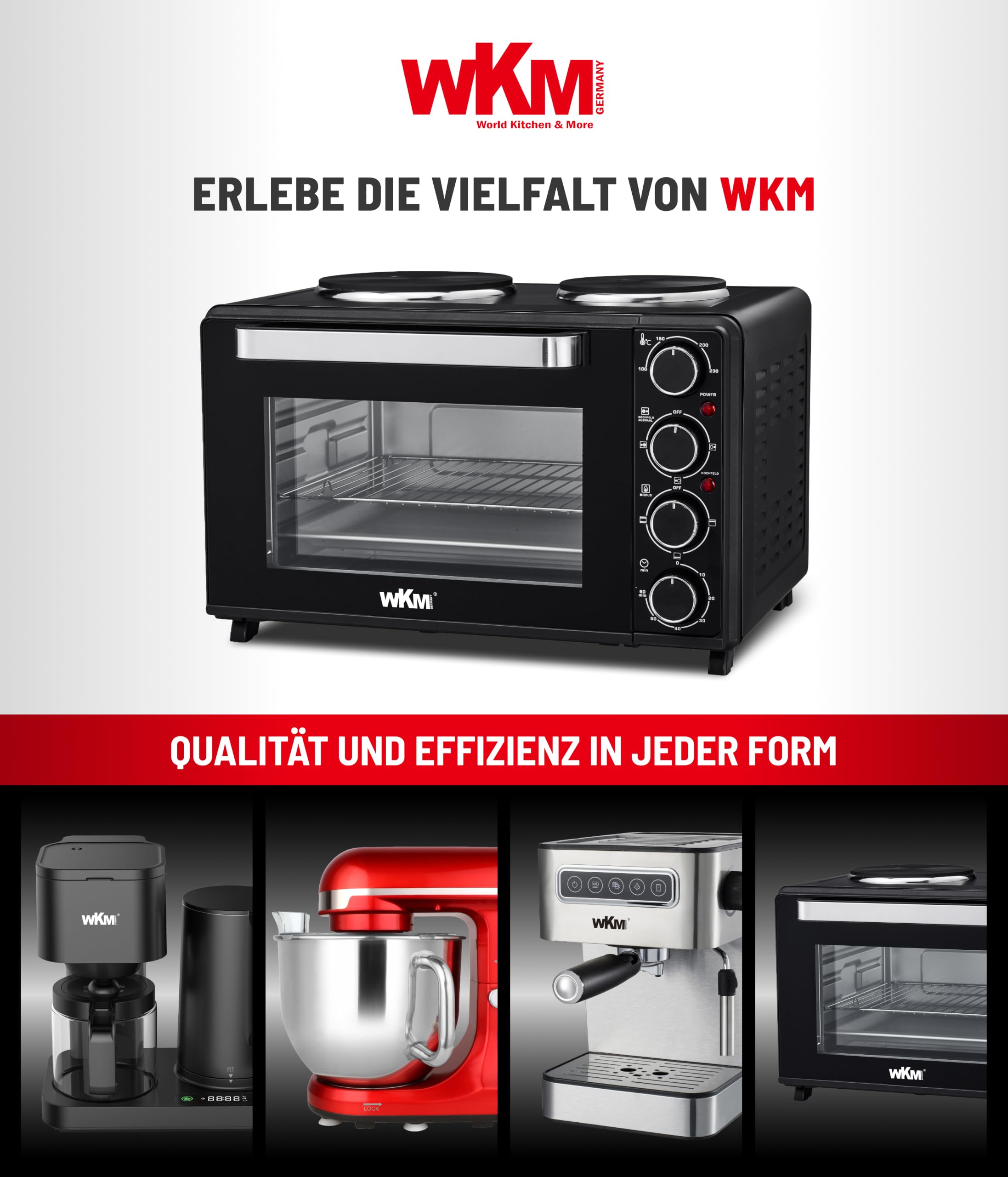 WKM® Mini Backofen mit Kochplatten Schwarz (30L) - 3 Heizprogramme, Innenbeleuchtung & 60 Min Timer - Perfekt für kleine Küchen - Kompakt Backofen Tischbackofen - Deutsches Familienunternehmen