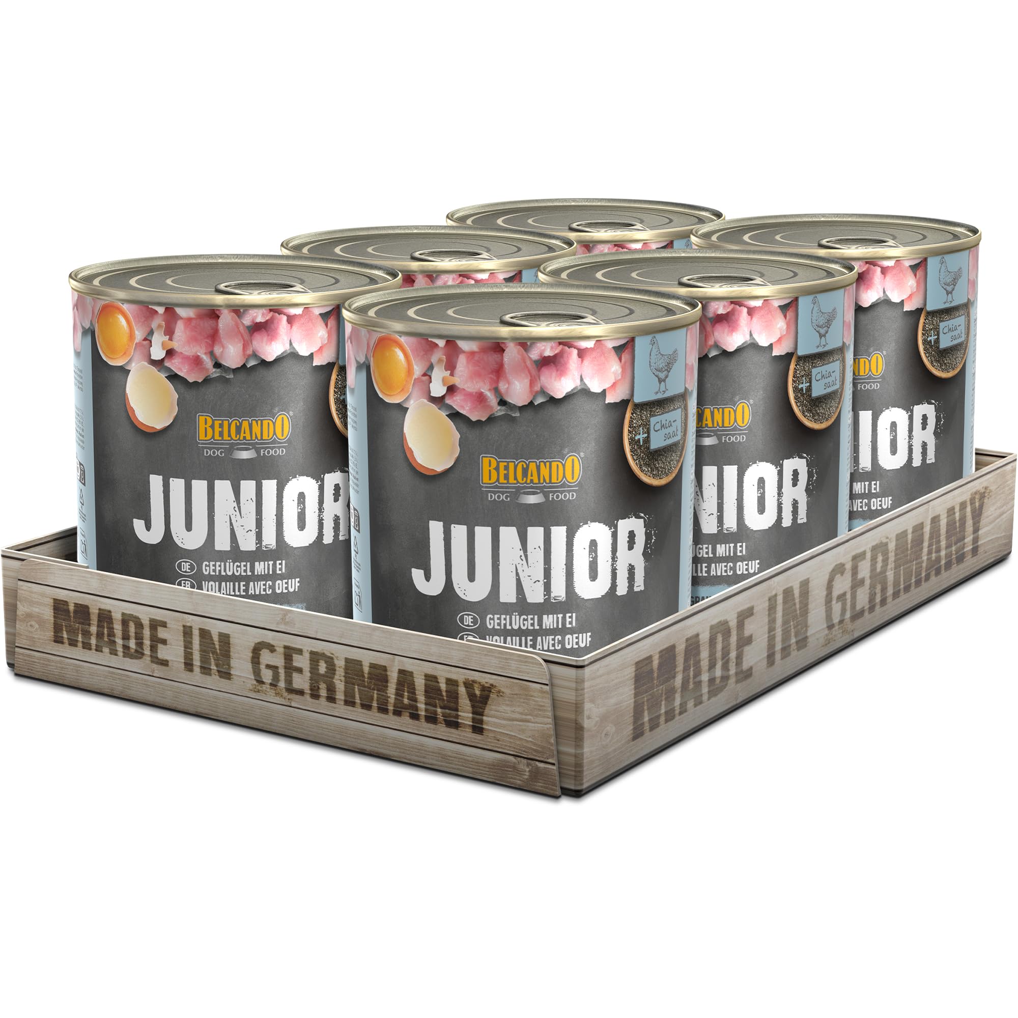 BELCANDO Nassfutter für Hunde, Junior Geflügel mit Ei, 6X 800g Dose, Hundefutter nass, für alle Rassen, Made in Germany