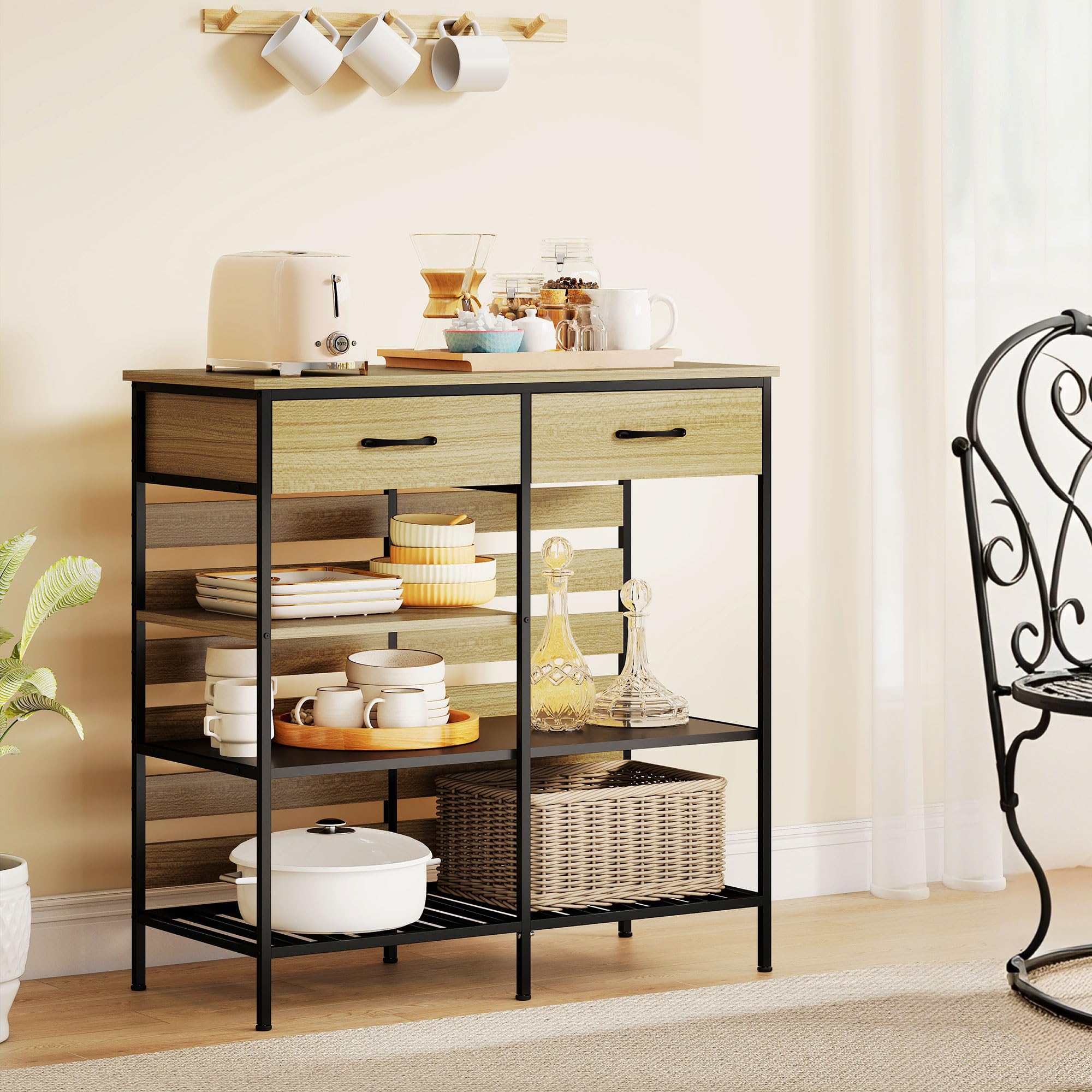 HOMCOM Buffet Cuisine, Meuble de Rangement avec 2 tiroirs et 3 étagères Ouvertes, Style Industriel, Cadre en Acier, pour Salle à Manger, Salon, Cuisine, 90 x 40 x 91 cm, Bois Naturel et Noir | Meuble de Rangement, 3 Étagères Ouvertes, Style Industriel, Ca