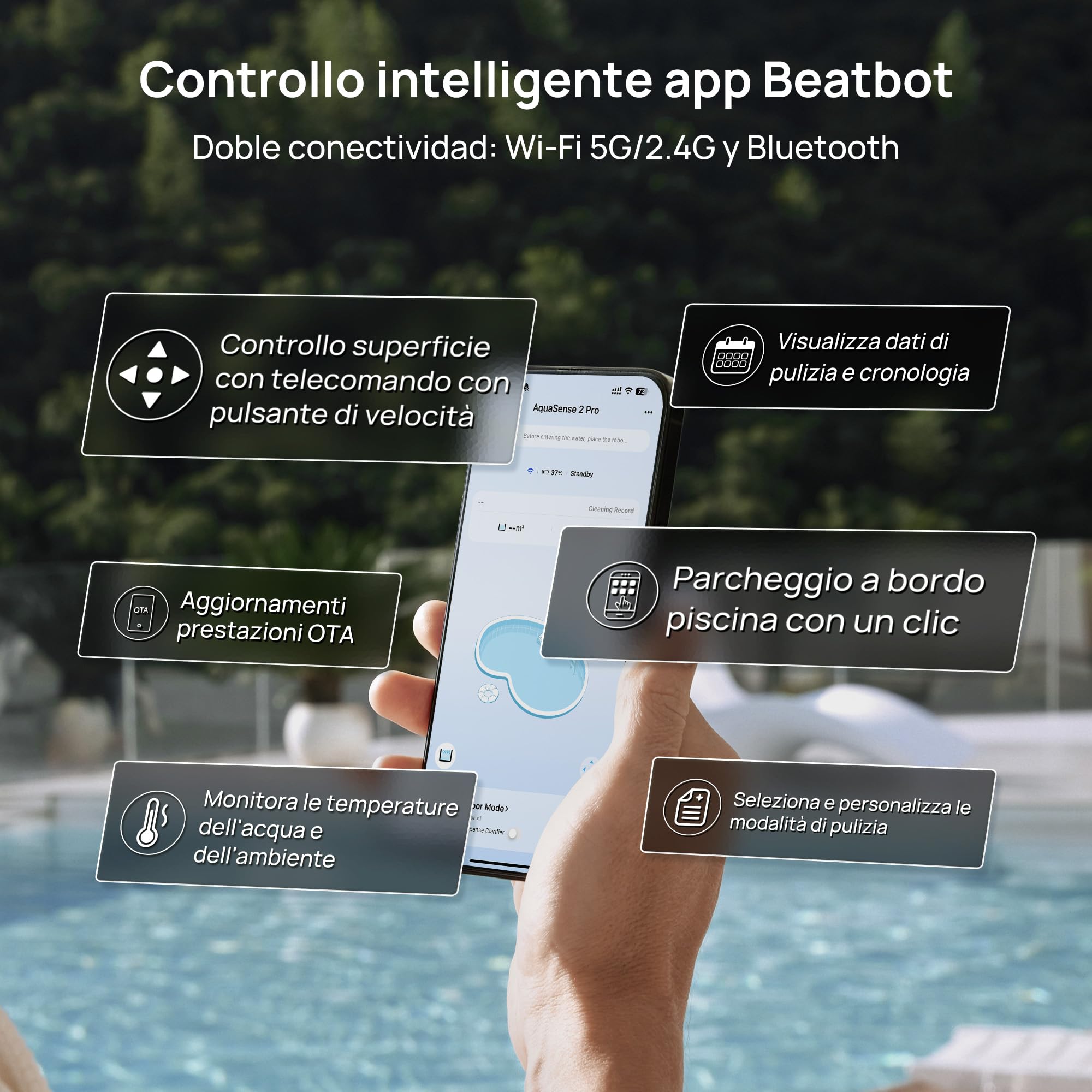 Beatbot AquaSense 2 Robot Piscina pareti e Fondo,Linea d'Acqua,Verde Bosco | Pulisce pavimento, pareti, superficie e chiarifica l'acqua.Posizionamento intelligente, Autonomia fino a 11 ore