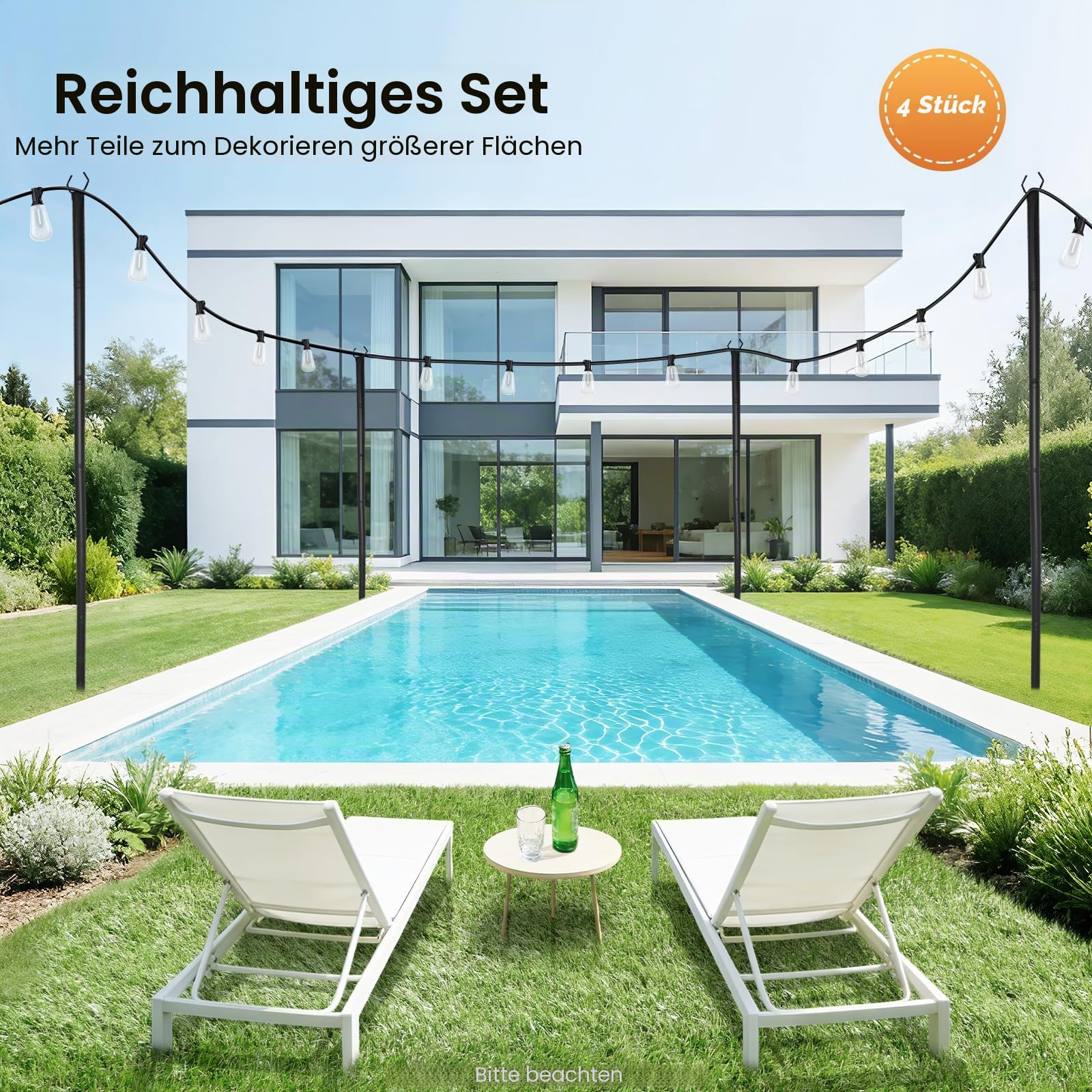 4er Set Lichterkette Pfosten Garten, 3m Metallstangen mit Haken, Außen Lichterketten Ständer mit U-förmiger Gabel und Bodenspieß, für Patio, Terrasse, Hof Dekoration