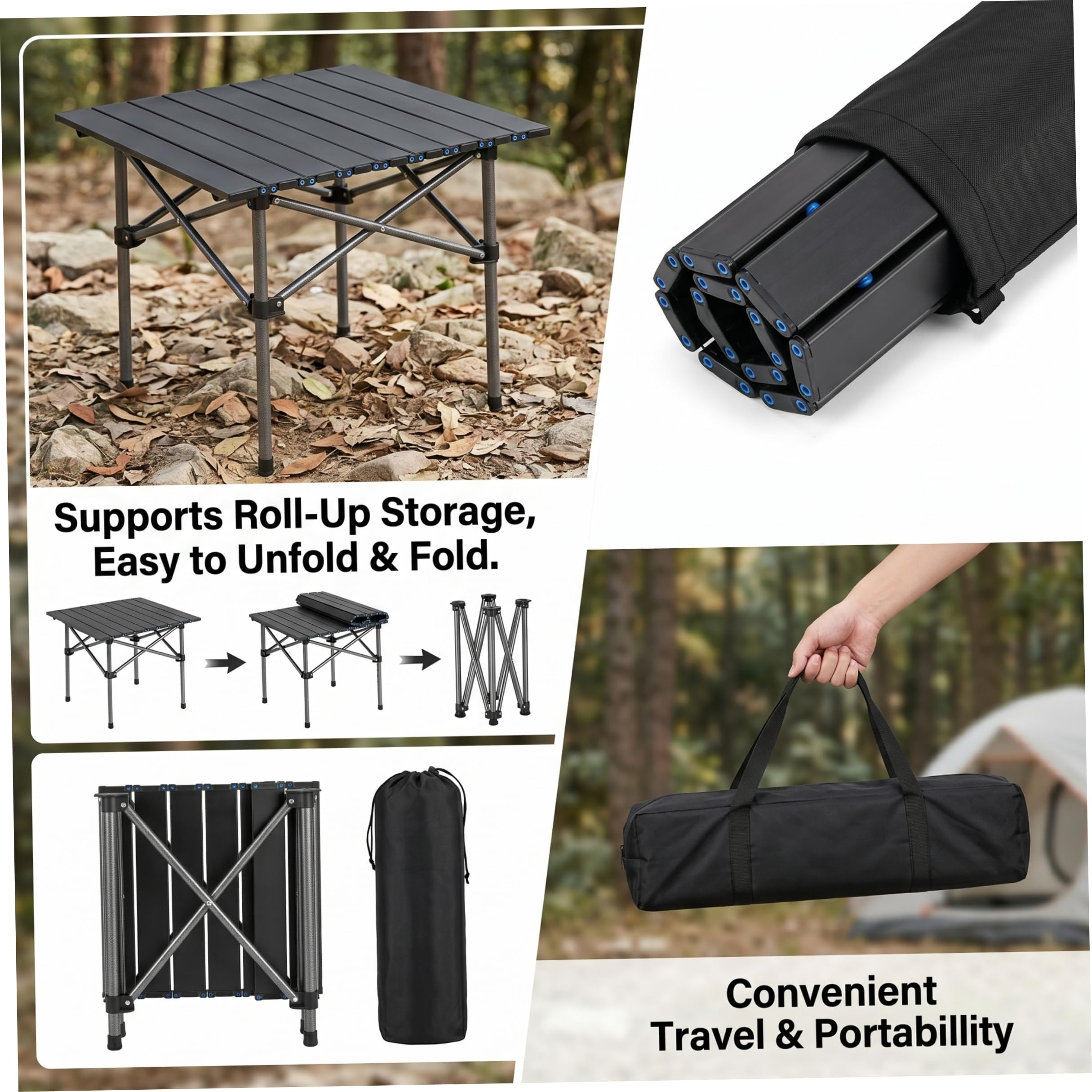 Mesa de Camping Enrollable Negra de 19, 69 x 19, 69 Pulgadas con Marco de Acero al Carbono, Mesa Auxiliar Plegable compacta portátil para Picnic al Aire Libre, Playa, RV, mochilero